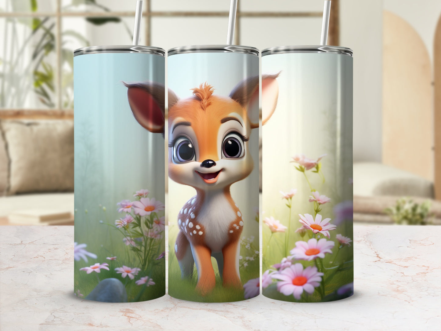 Cute Deer and Floral Design Tumbler With Straw
