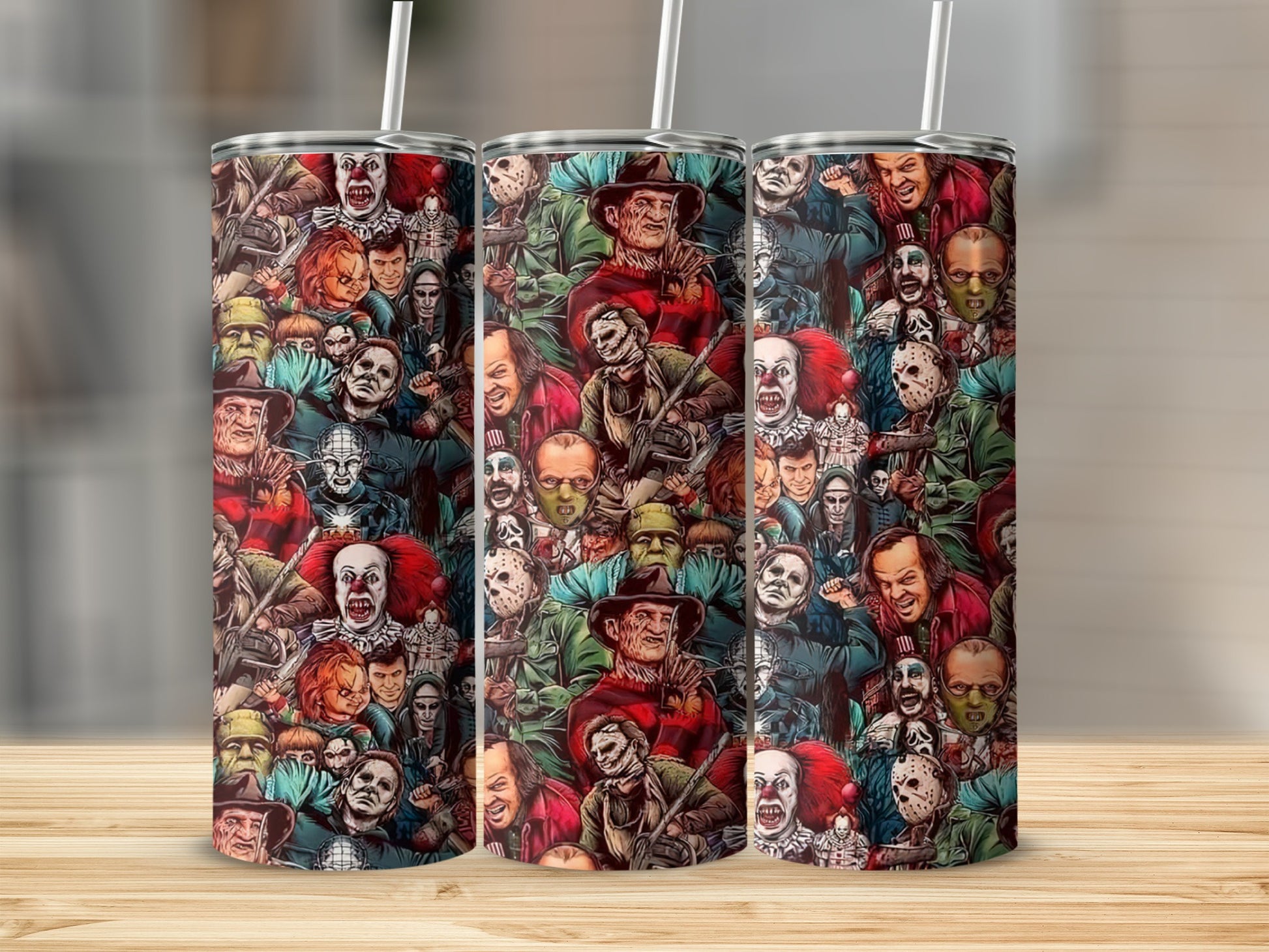 Collage of horror movie villains including Pennywise, Jason Voorhees, and Freddy Krueger.