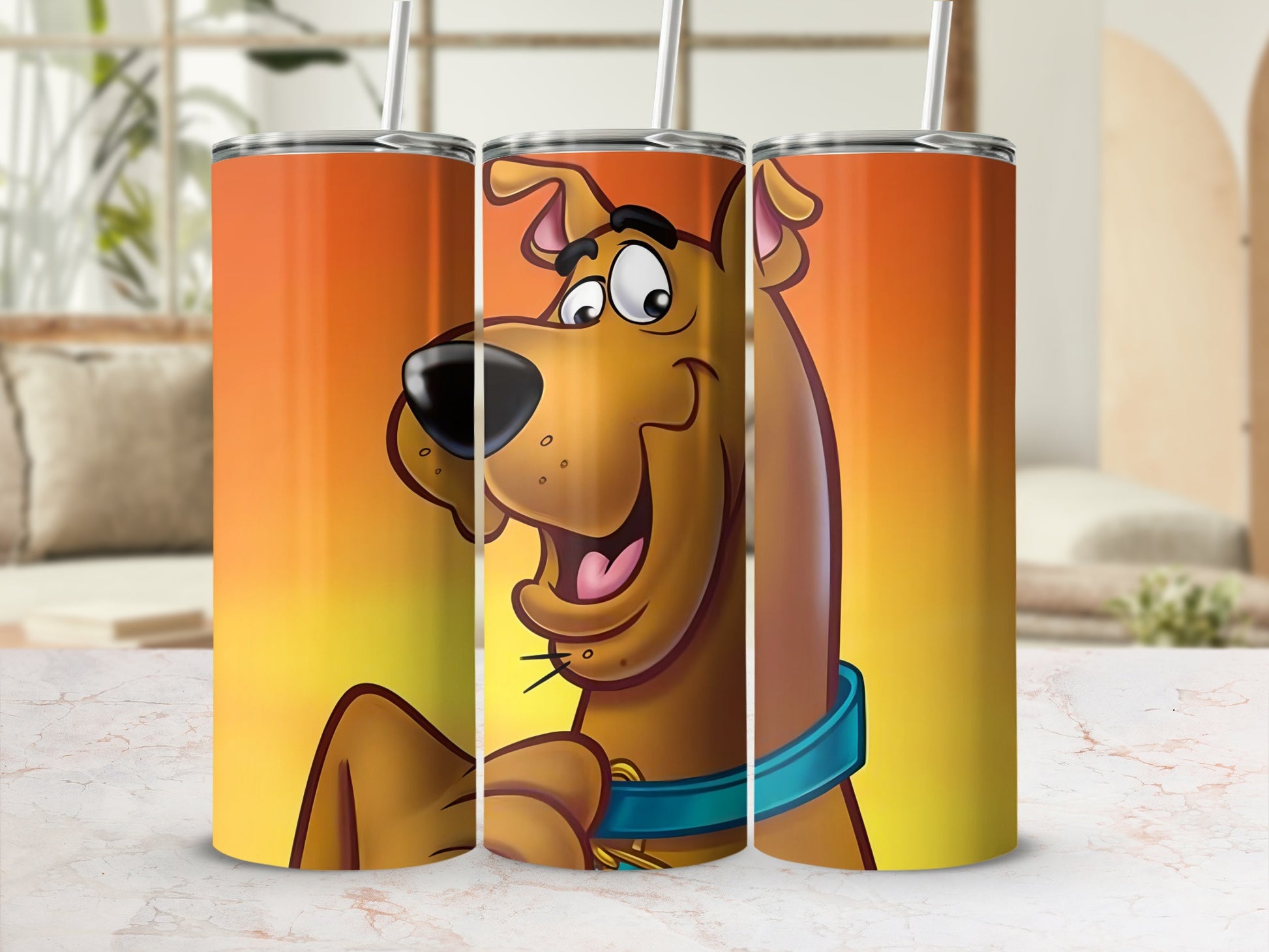 Scooby-Doo on a tumbler with a warm gradient background.