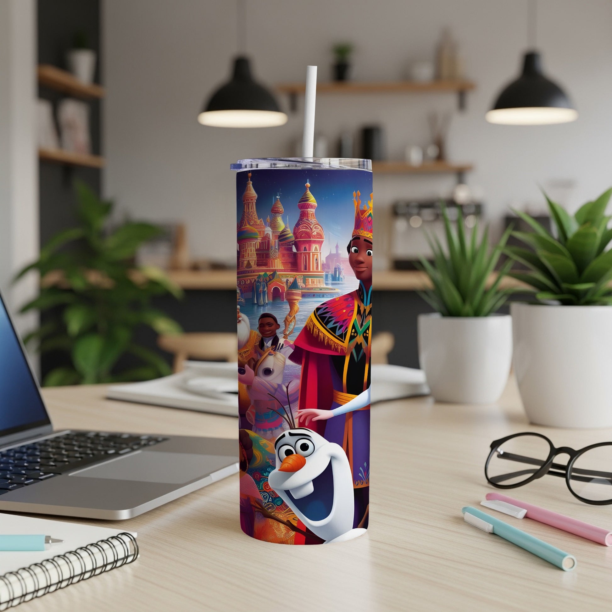Olaf, Anna, and Kristoff on a colorful, ornate tumbler with a straw.