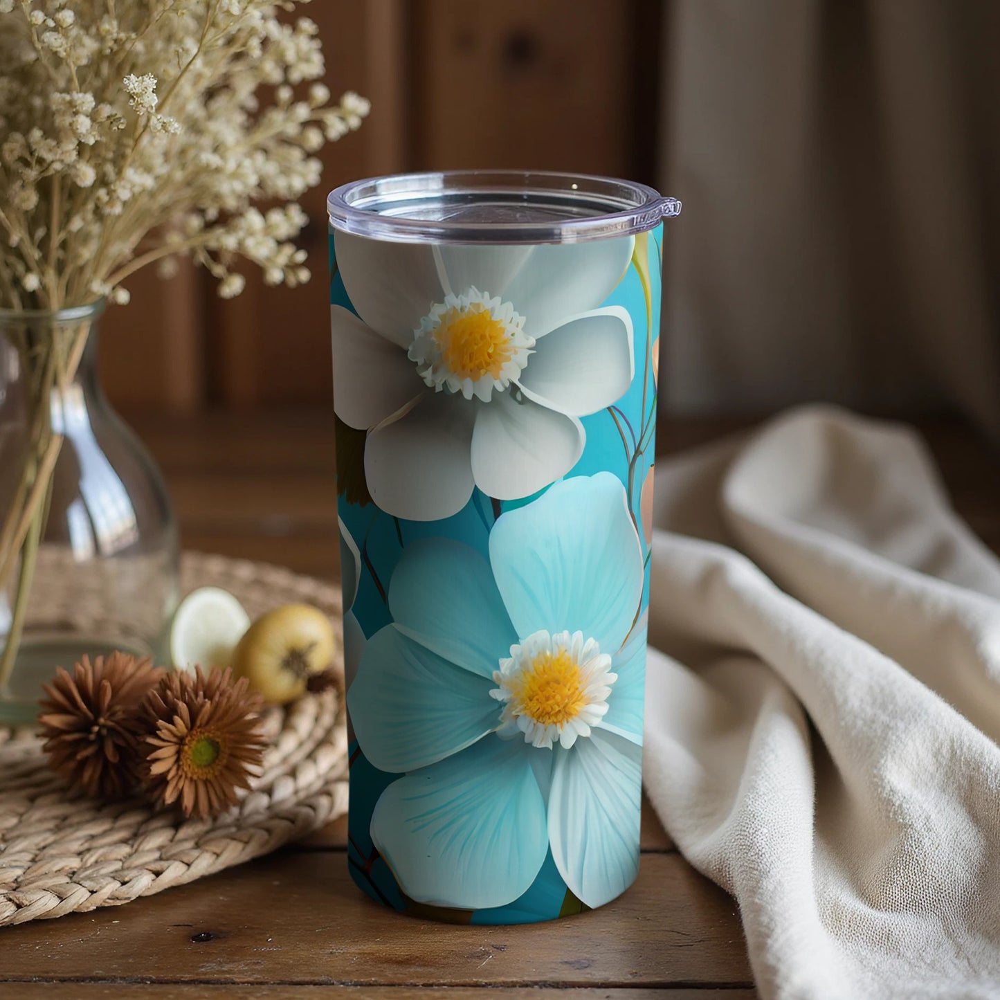 Blue and White Floral Travel Tumbler with Lid