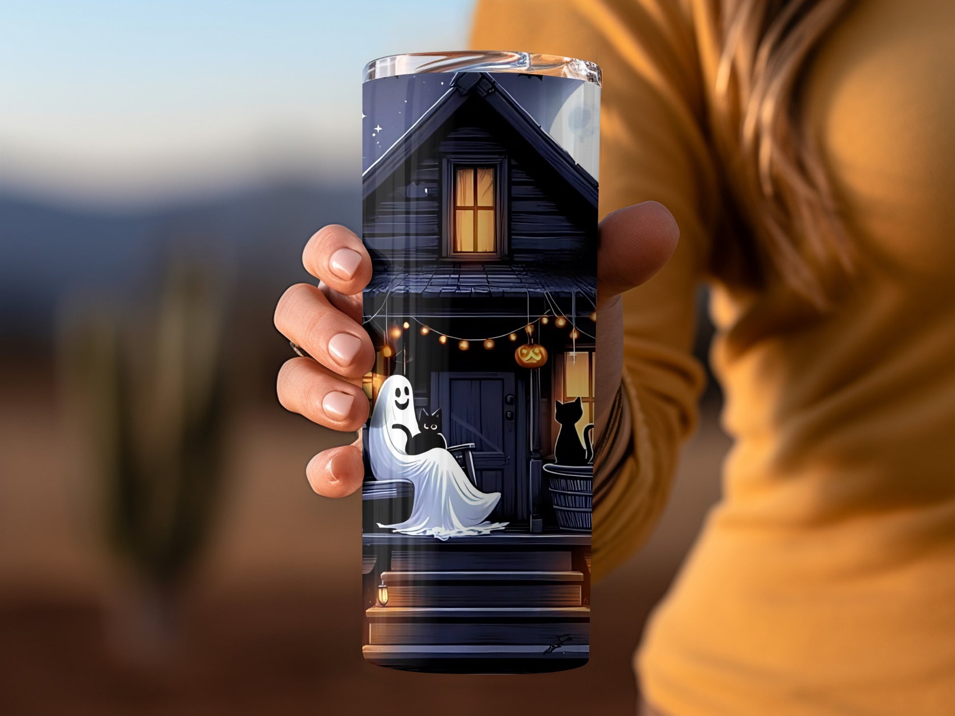 Cozy Ghost and Black Cat with Lights Tumbler