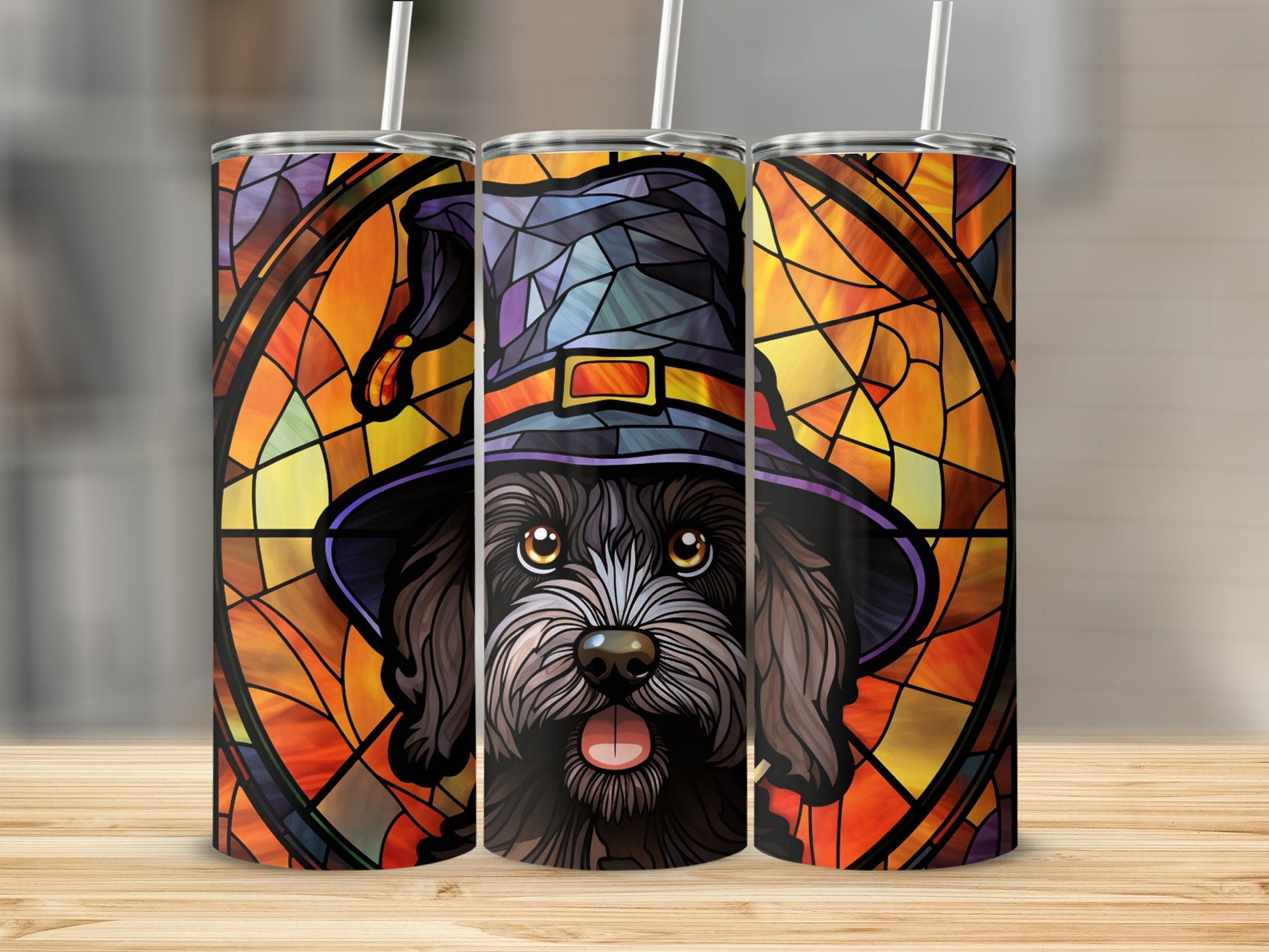 Stained glass tumbler featuring a black dog wearing a witch hat for Halloween.