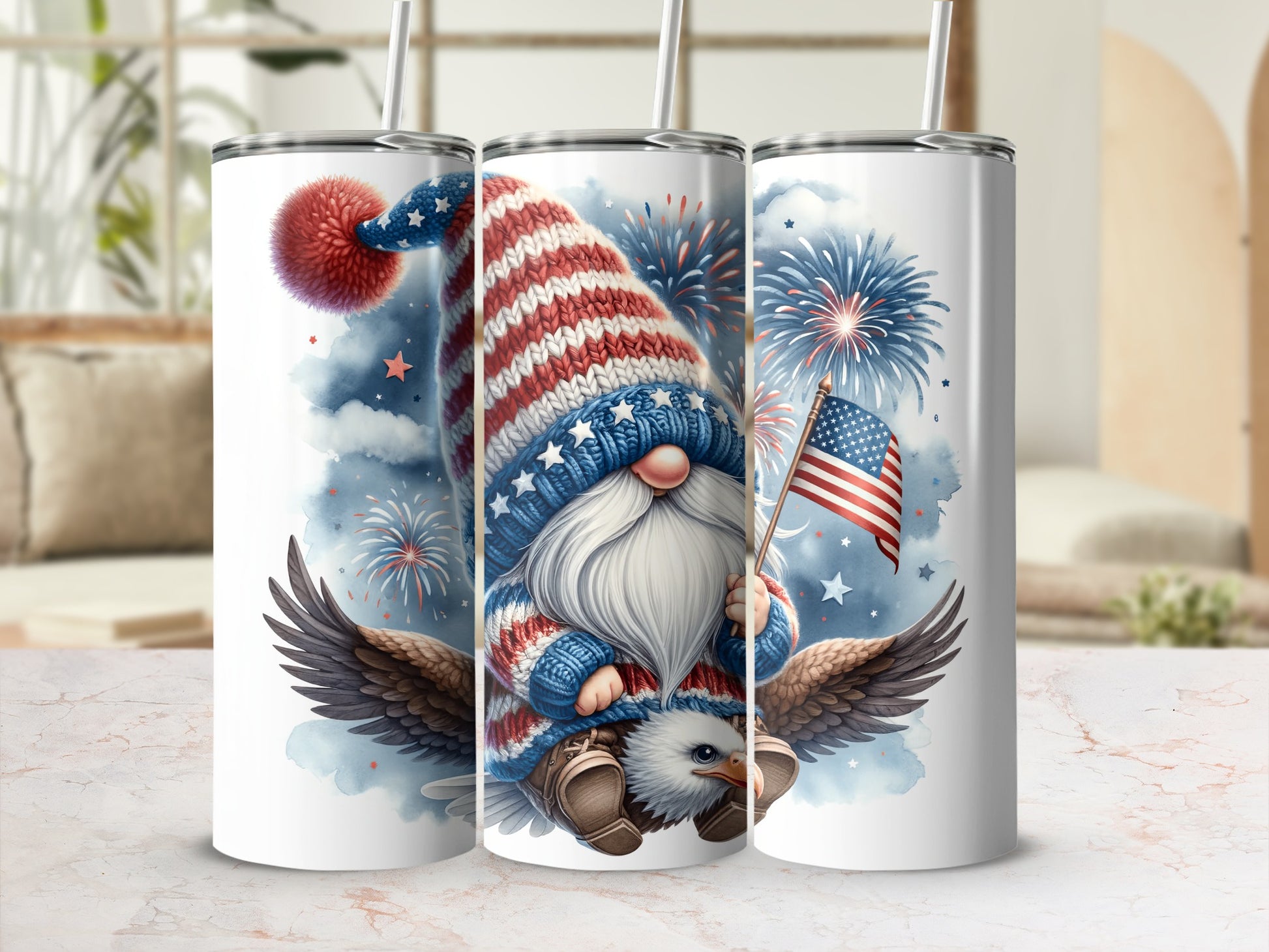 Gnome in patriotic hat and sweater holding flag, perched on eagle.