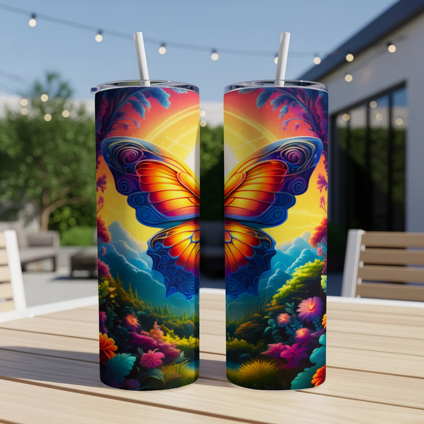 Two tumblers with a vibrant butterfly and colorful floral landscape design.