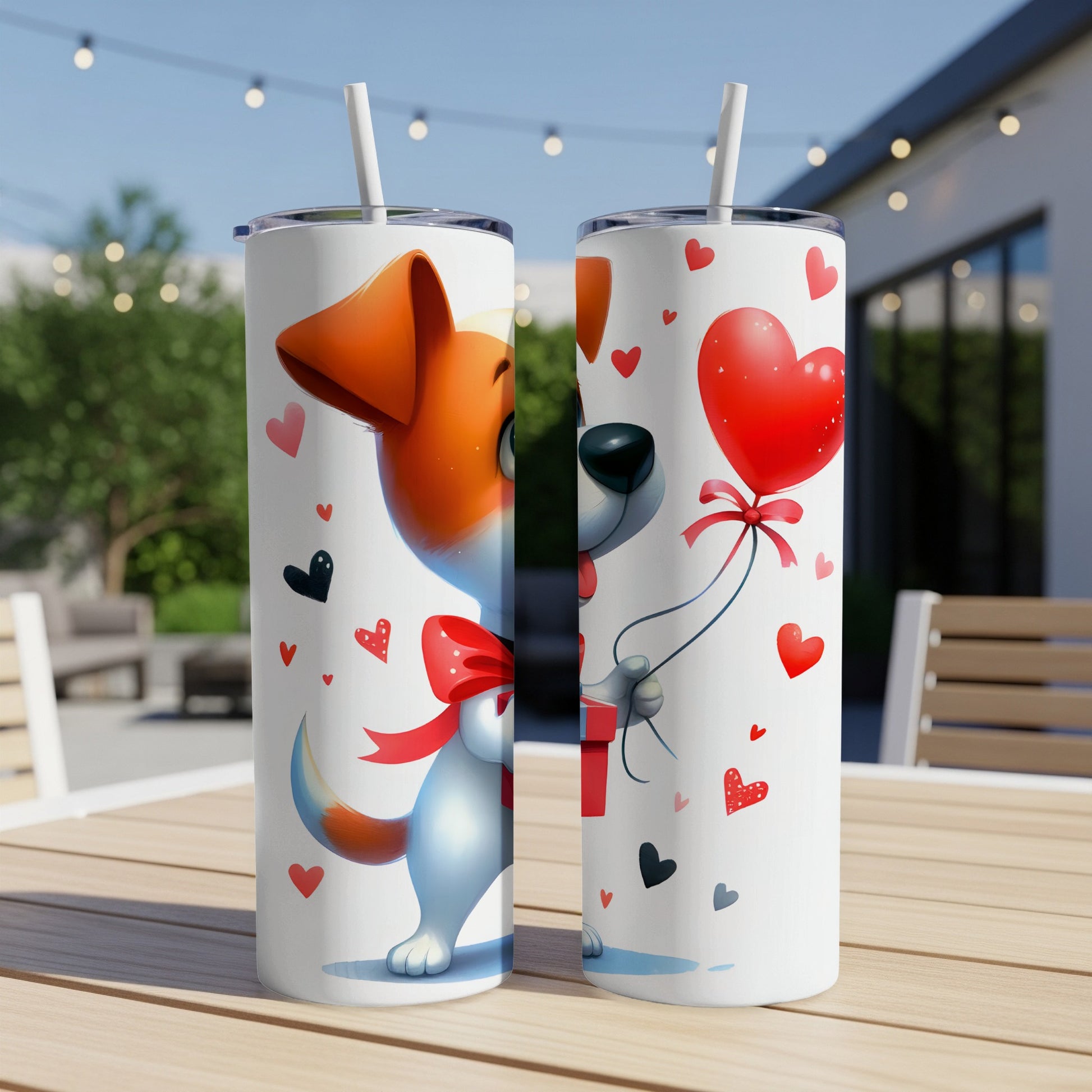 White tumblers with cartoon dog, gift, and heart decorations.