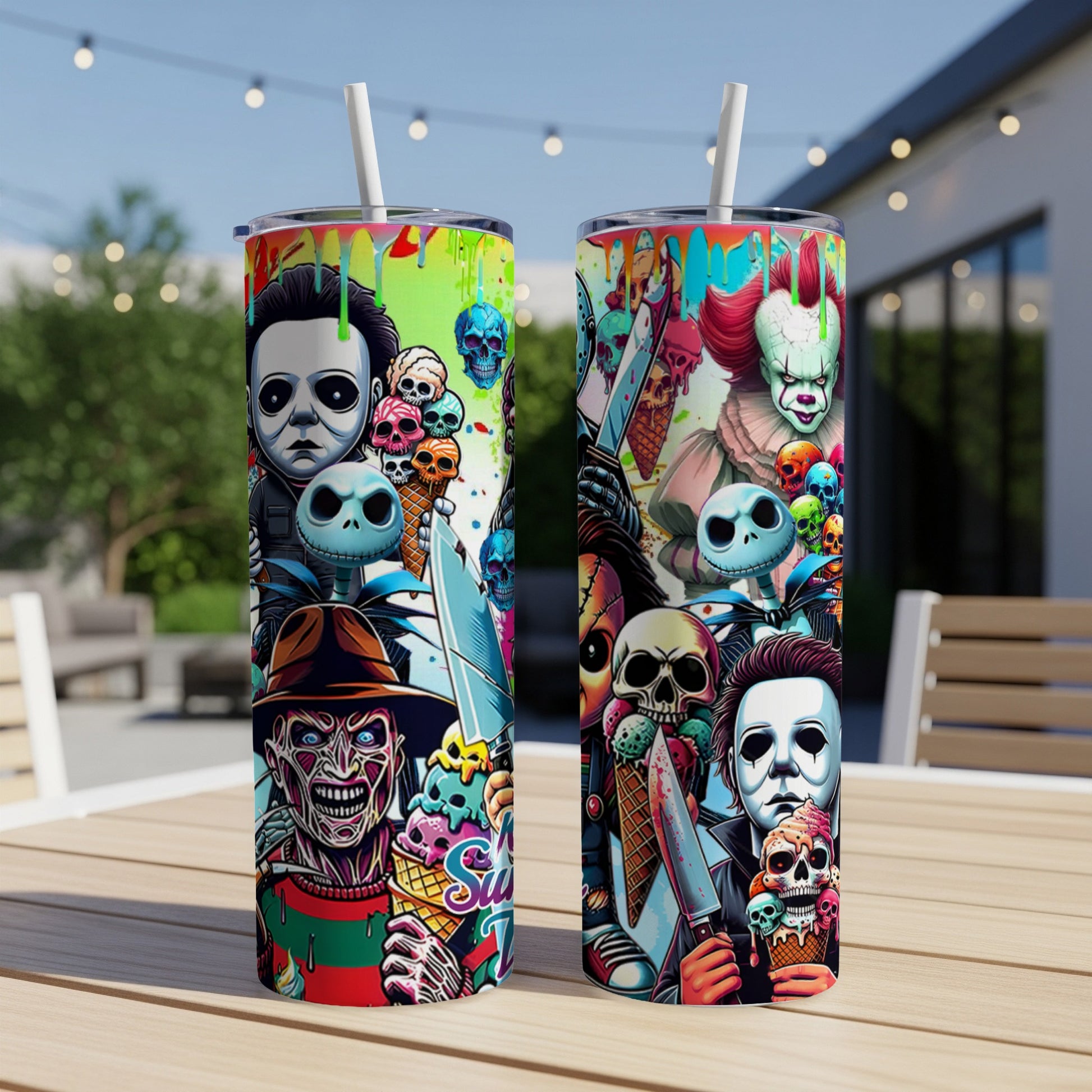 Two tumblers featuring horror movie characters and colorful dripping designs.