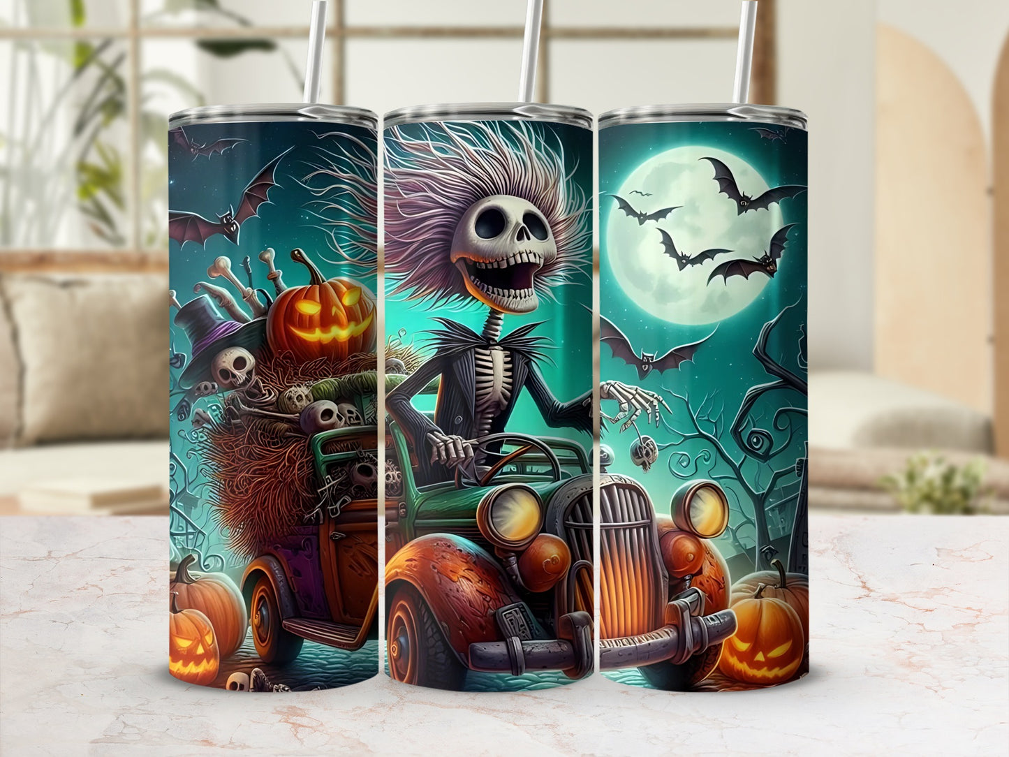 Spooky Halloween Theme Tumbler with Skeleton Design