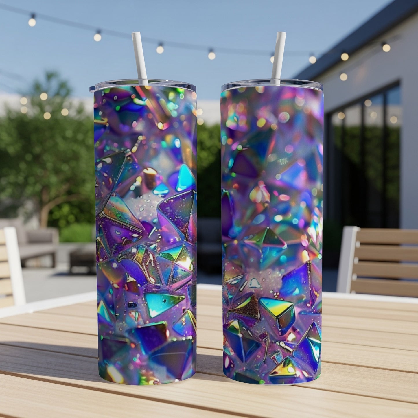 Two iridescent tumblers with a geometric shard pattern on a wooden table.