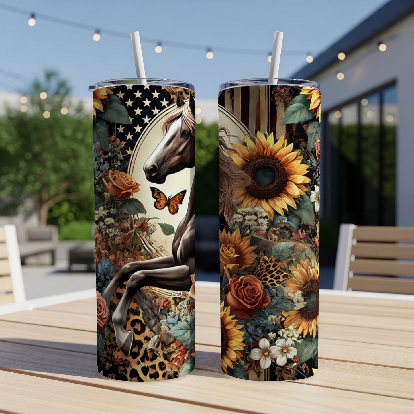 Two tumblers with horse, sunflower, and leopard print designs.