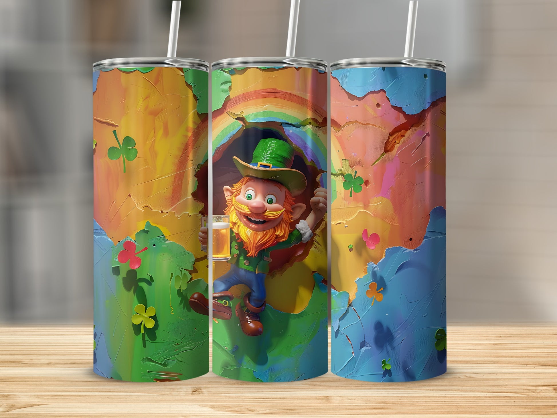 Leprechaun with rainbow and shamrocks on a colorful, textured tumbler.