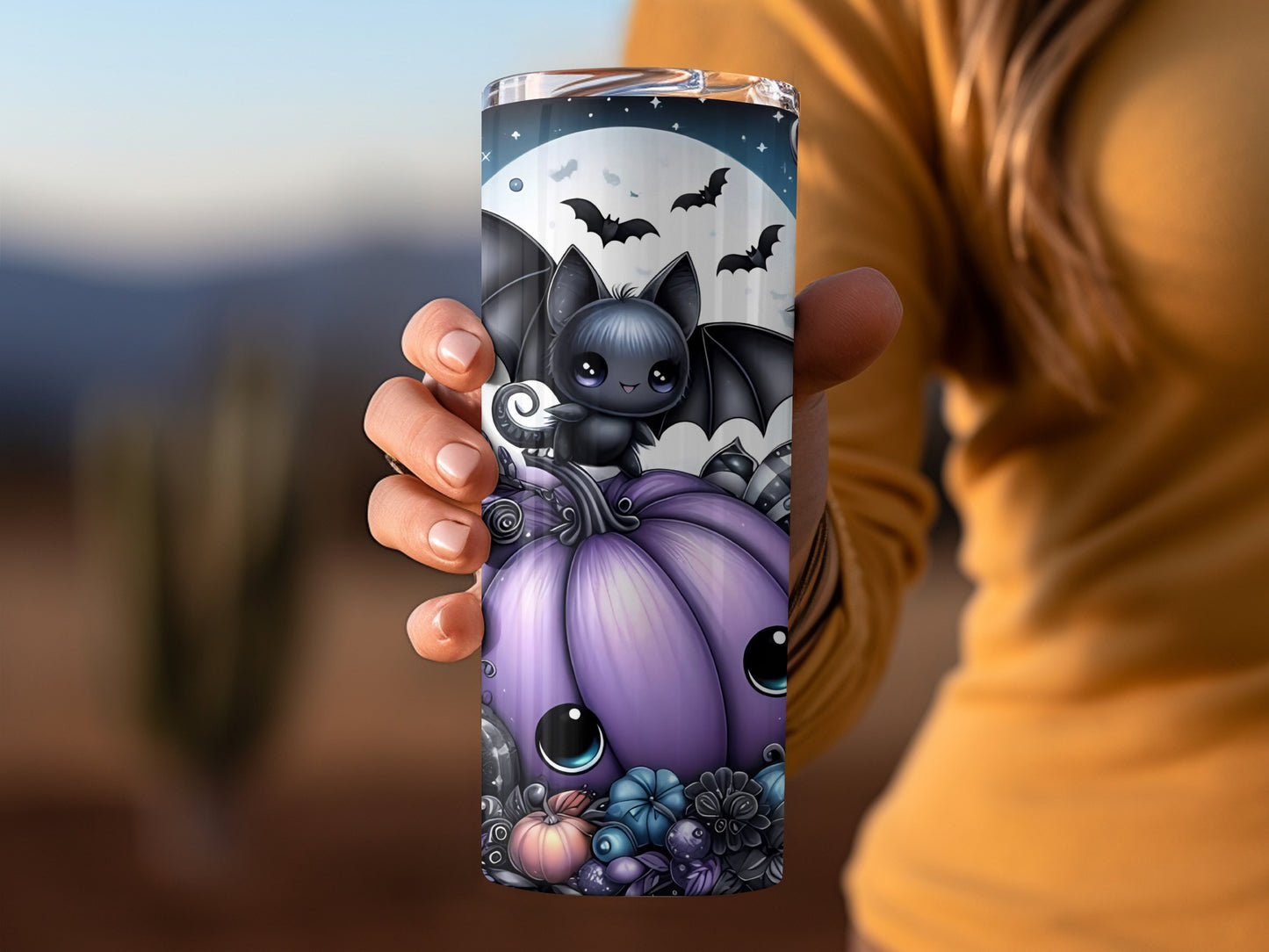 Adorable Halloween Bat and Pumpkin Themed Tumbler