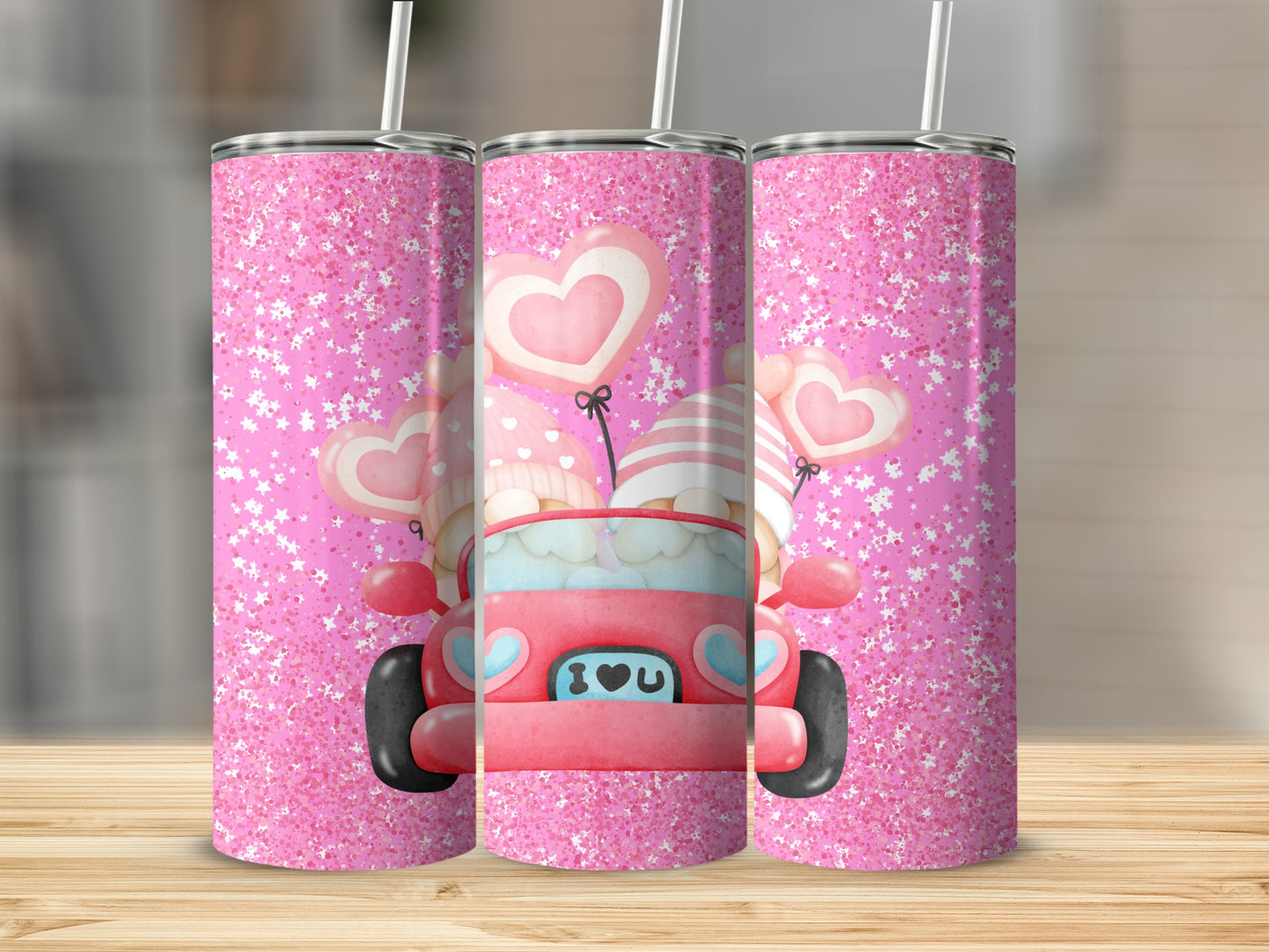 Pink Sparkle Heart Car Design Insulated Tumbler