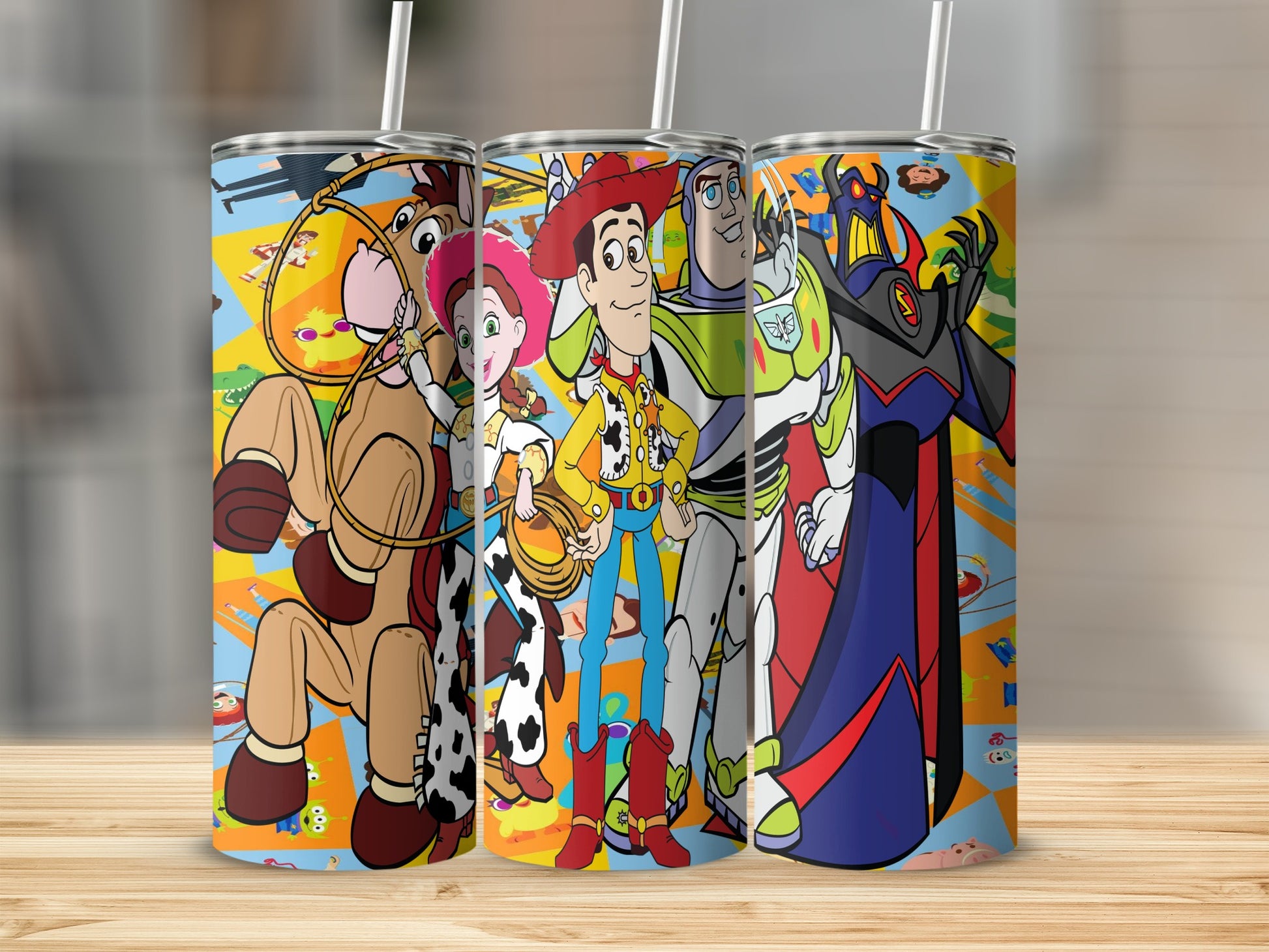 Woody, Buzz Lightyear, Jessie, Bullseye, and Zurg characters from Toy Story.