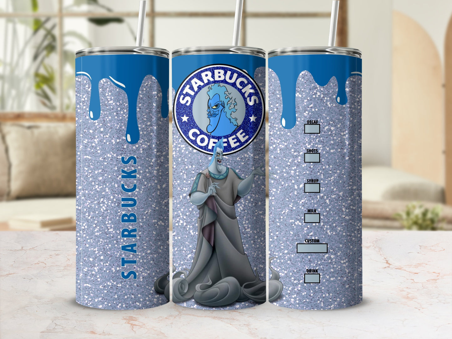 Blue Glitter Starbucks Coffee Themed Tumbler Cup