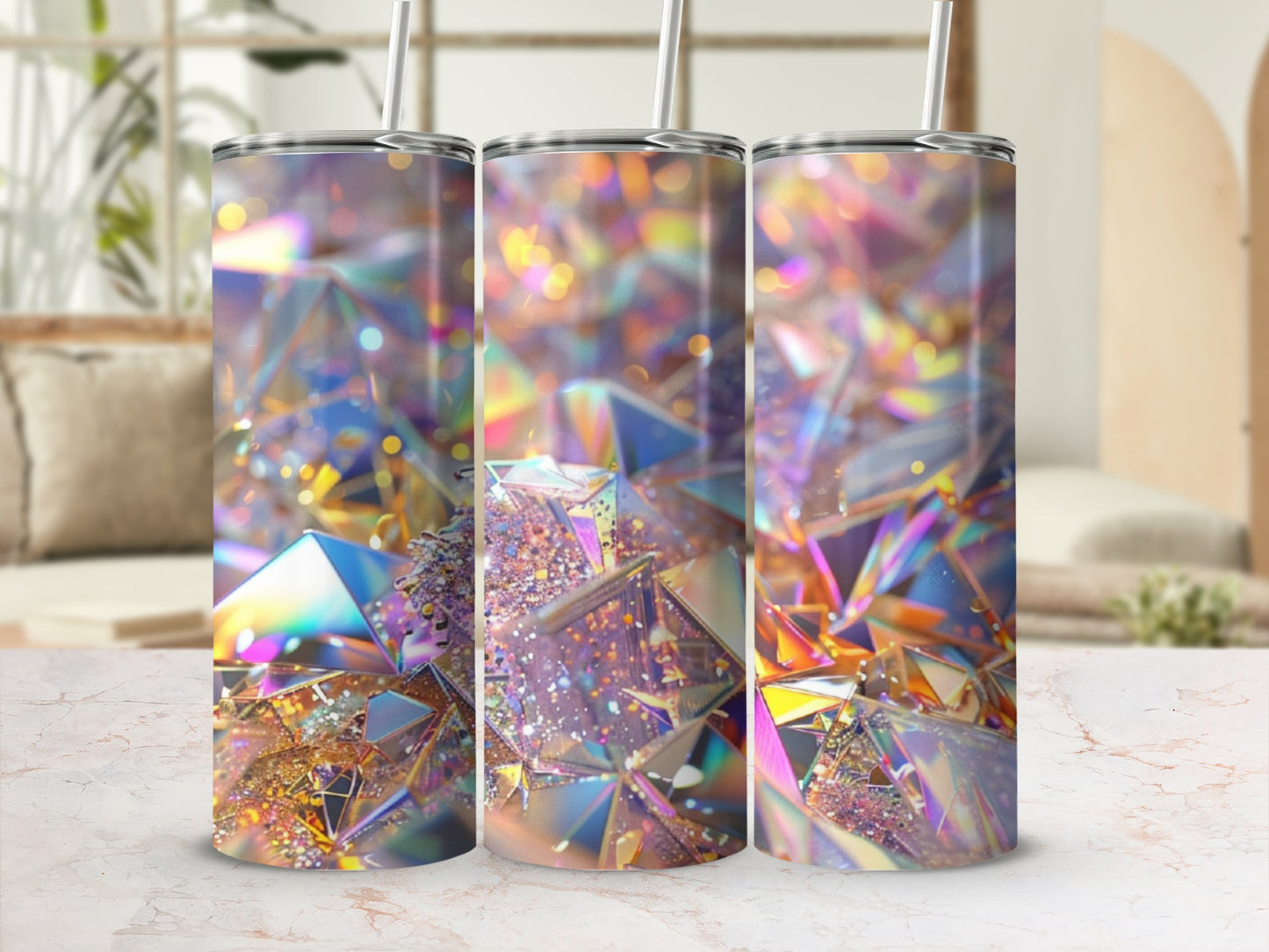 Three tumblers with iridescent geometric crystal designs.