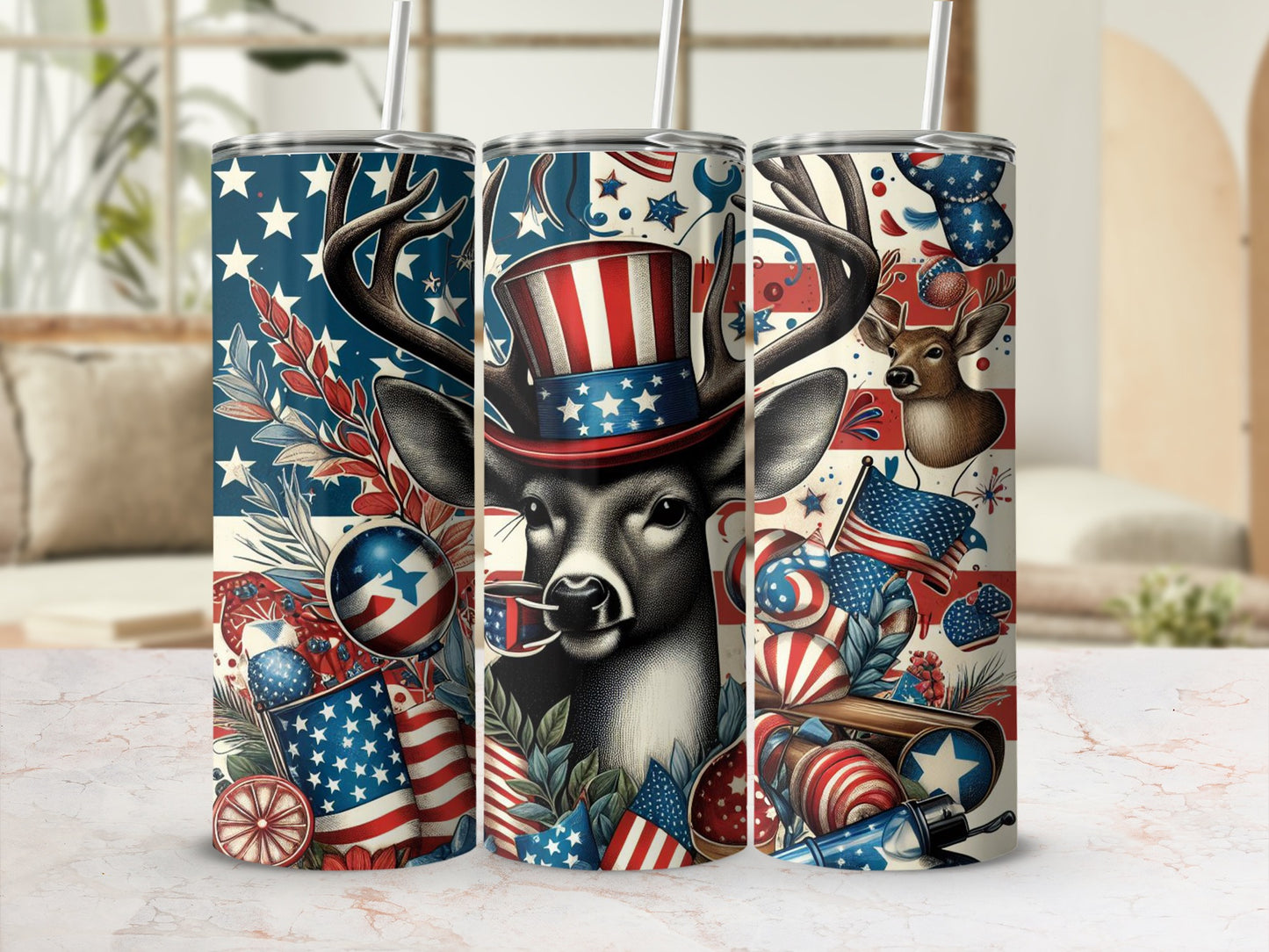Tumbler with patriotic deer in Uncle Sam hat and American flag designs.