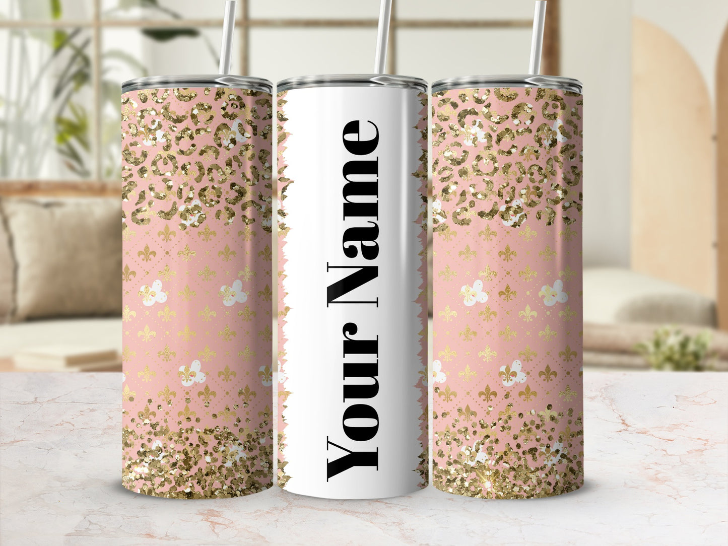 Custom Glitter Leopard Florals Pink Tumbler Cup