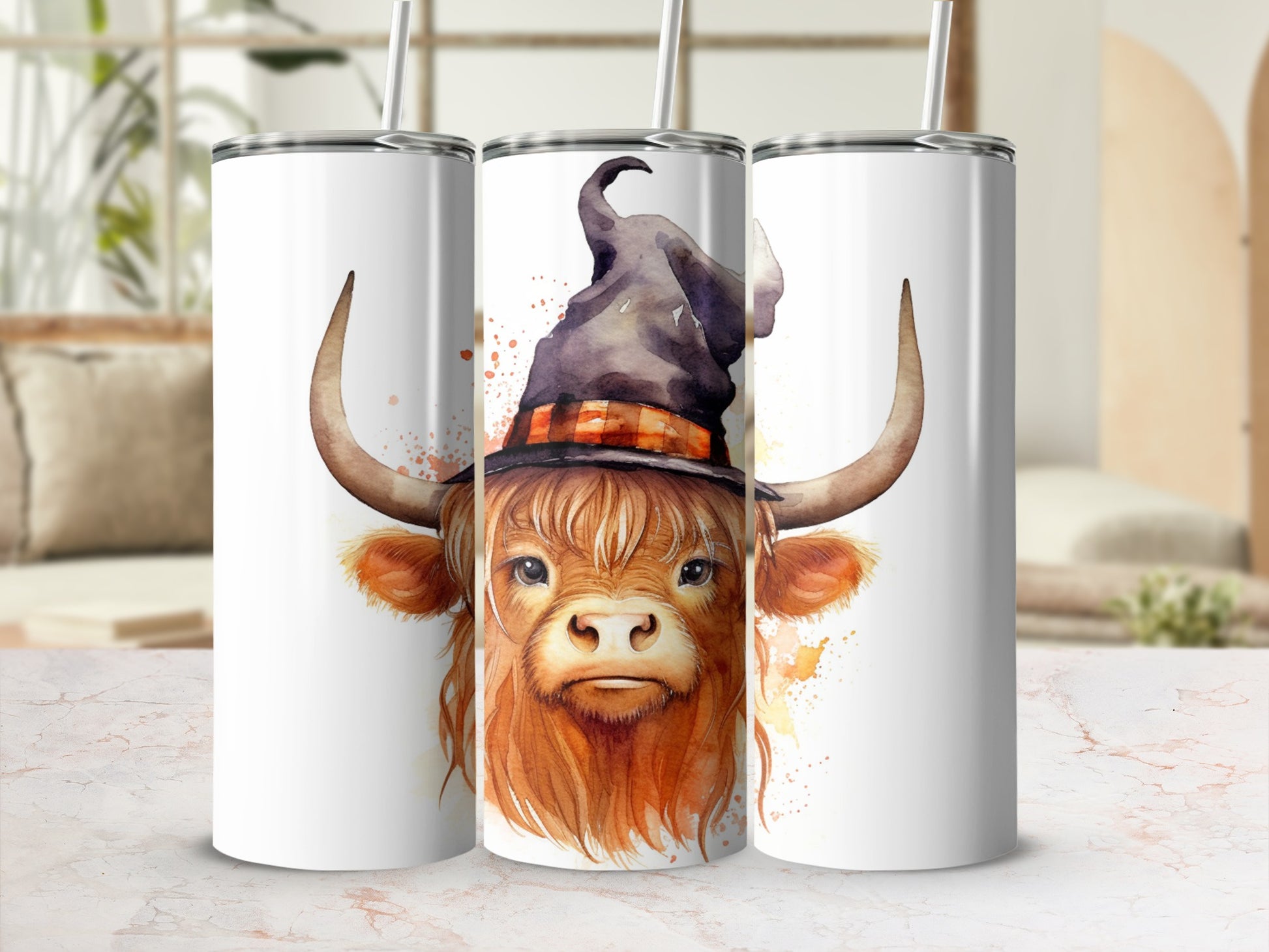 Highland cow wearing witch hat on a white tumbler, watercolor style.