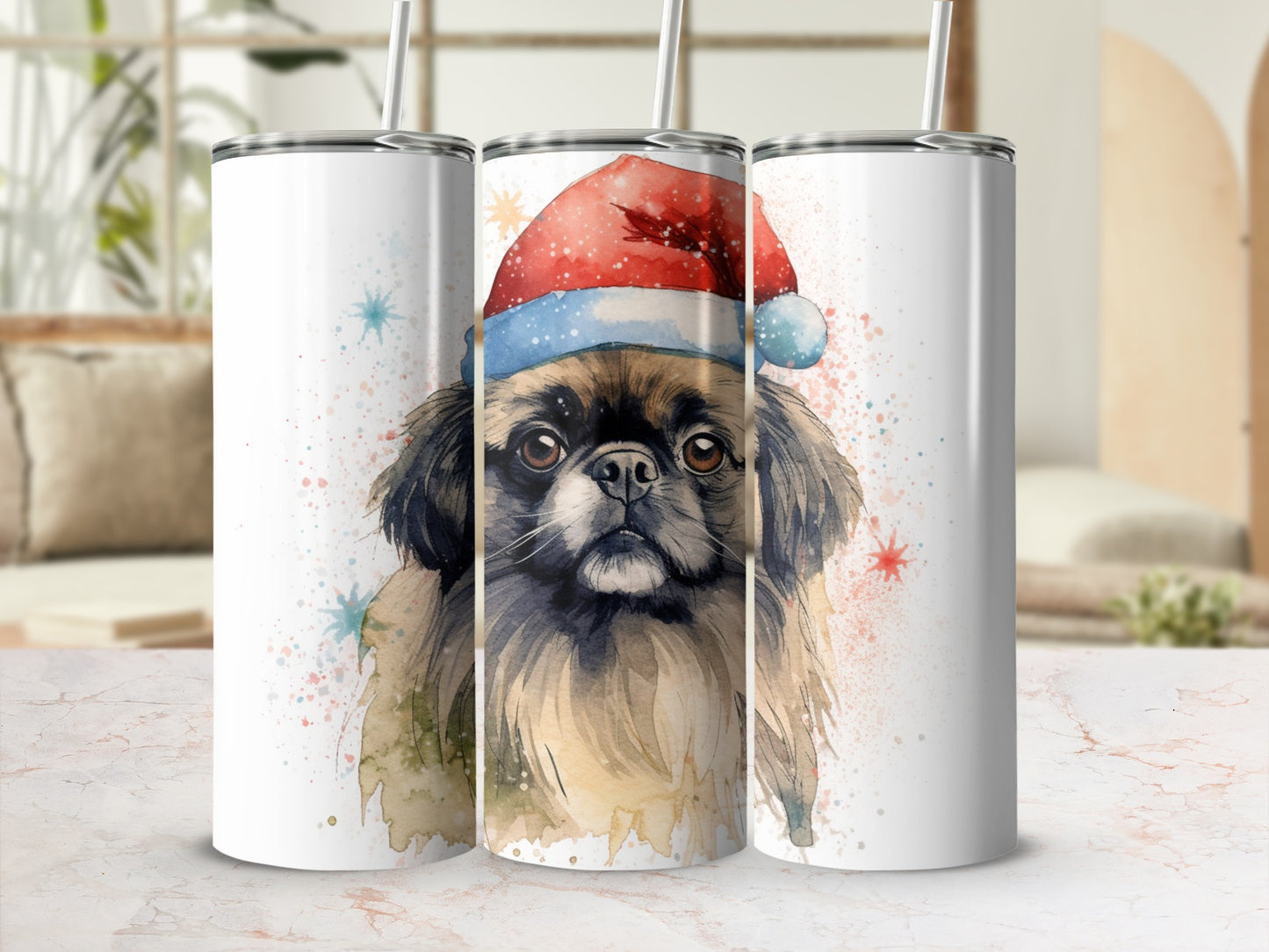 Watercolor Pekingese dog in Santa hat on a tumbler.