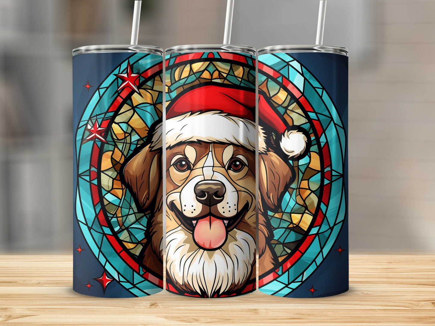 Dog wearing Santa hat in stained glass design on cylindrical tumbler.