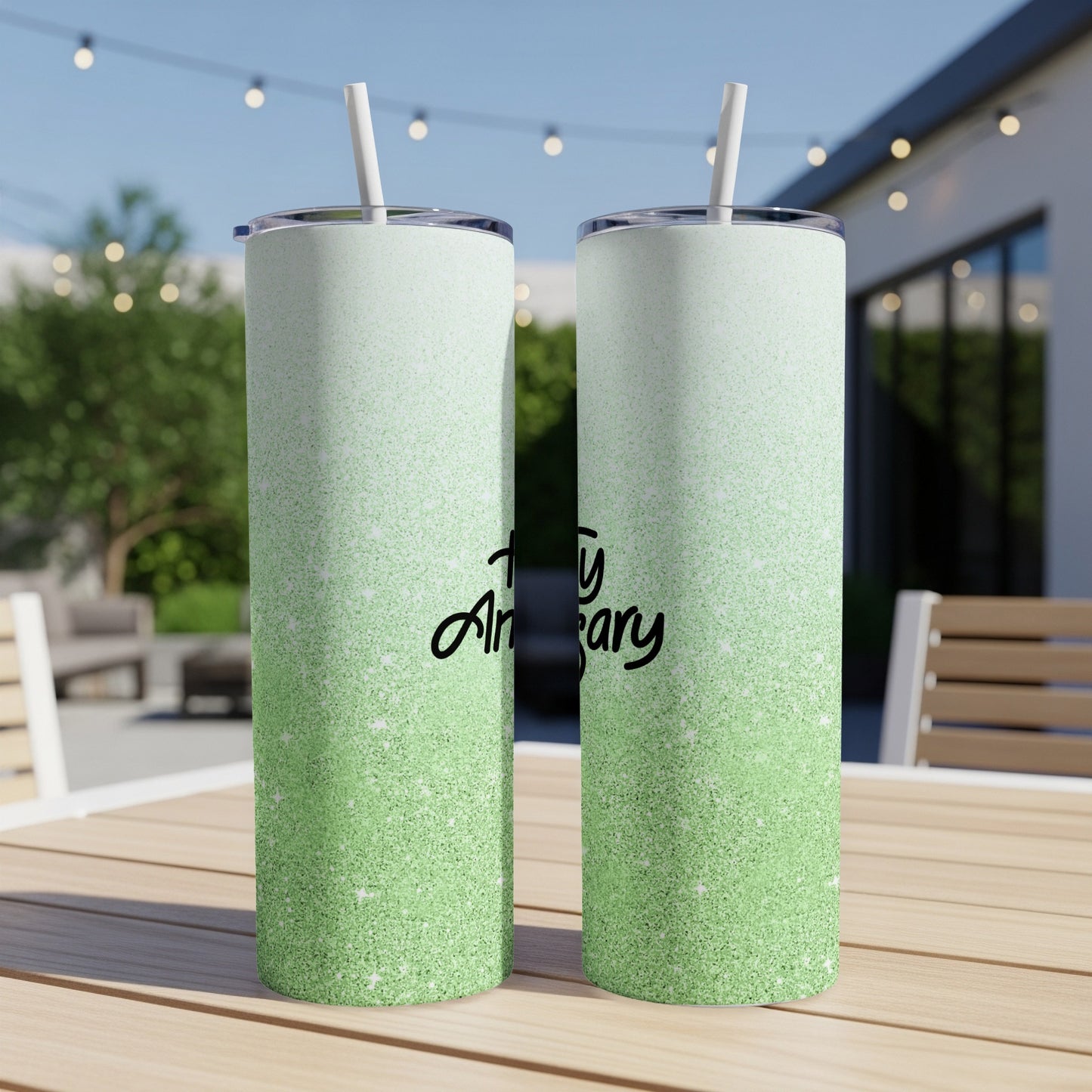 Tall green glitter tumbler with "Happy Anniversary" text.