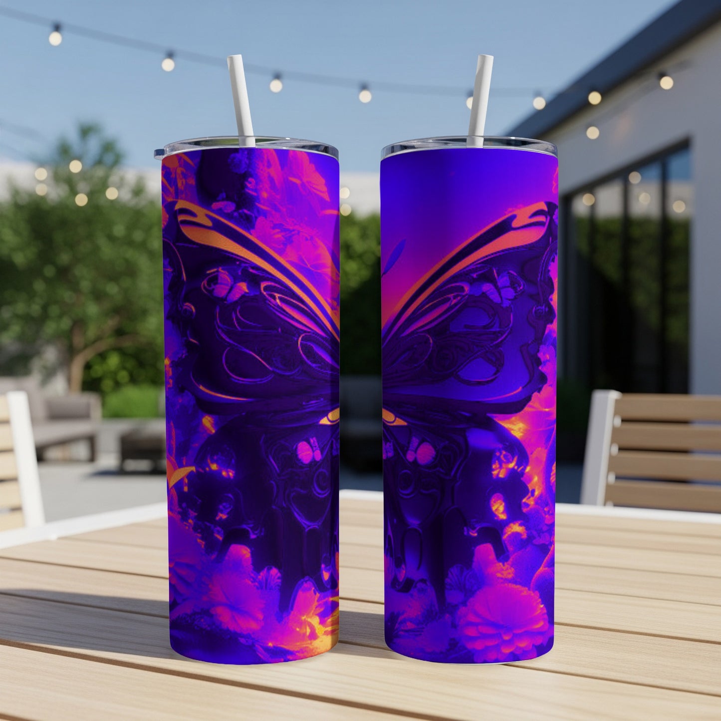 Two tall tumblers with a purple and orange butterfly design.