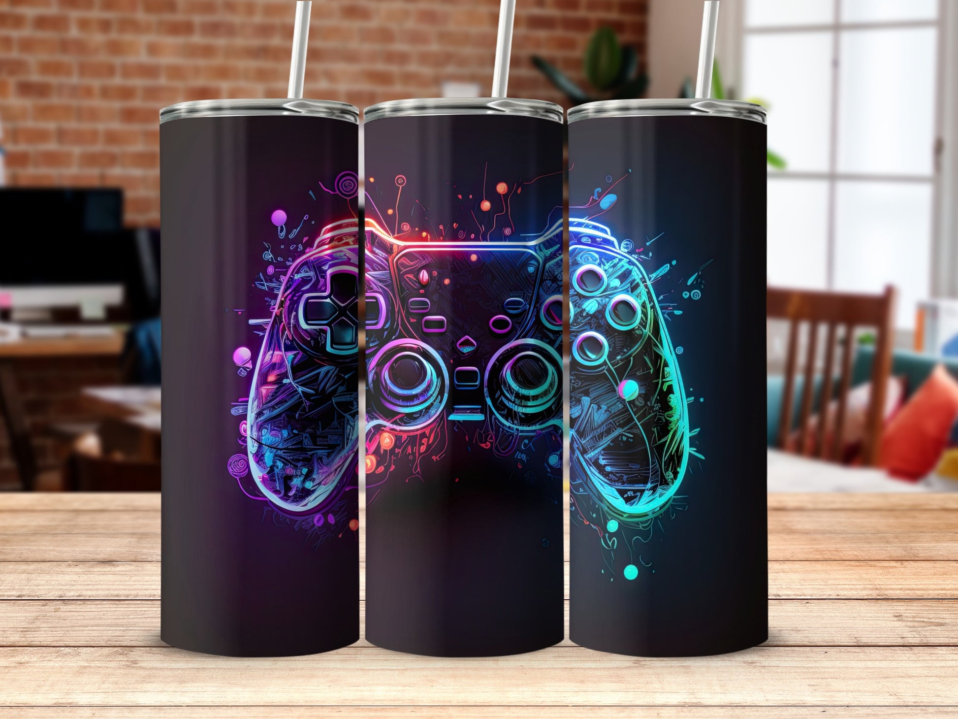 Neon Game Controller Themed Tumbler with Straw Included