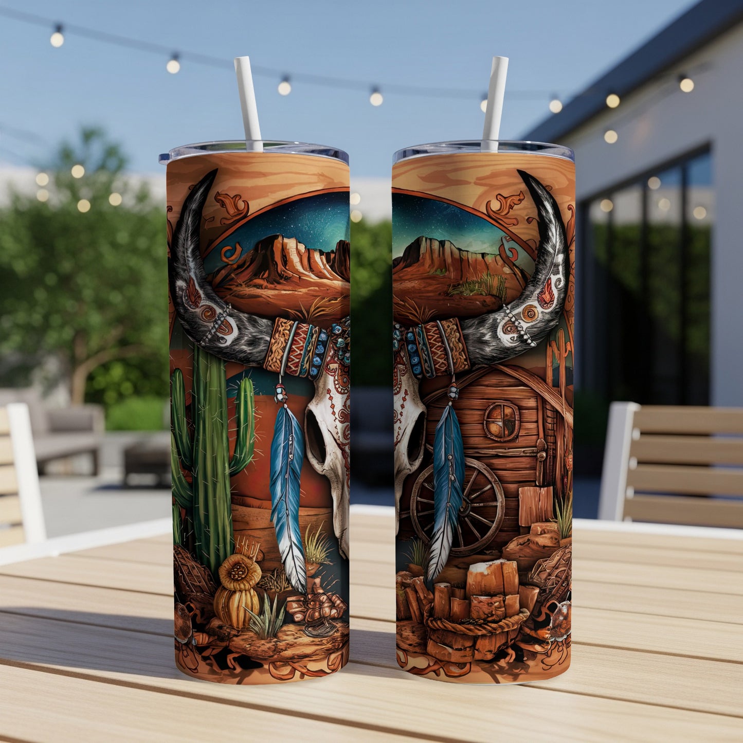 Cow skull with Native American inspired decor on a rustic Western scene tumbler.