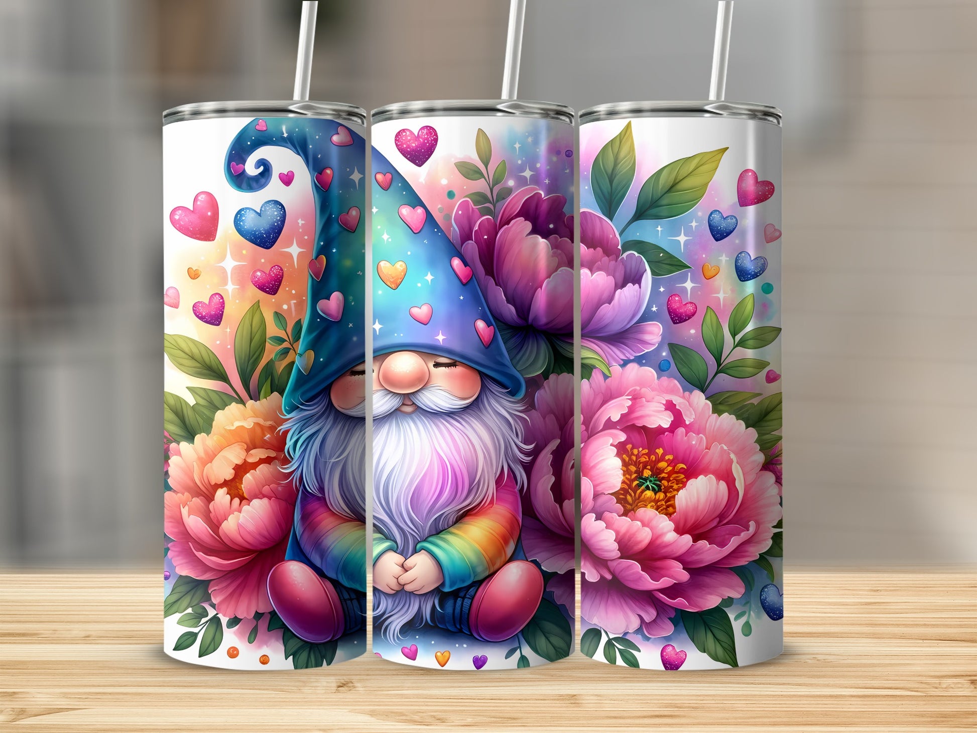 Gnome with rainbow beard and heart hat surrounded by peonies.