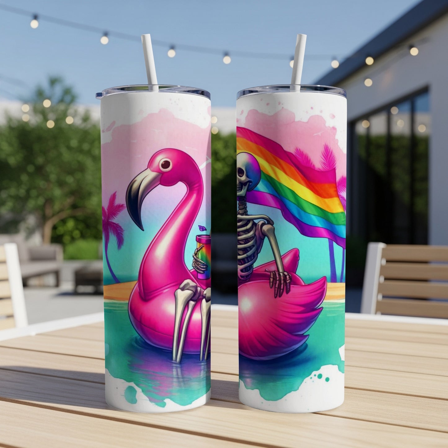 Skeleton riding a pink flamingo float with rainbow flag, holding a drink.