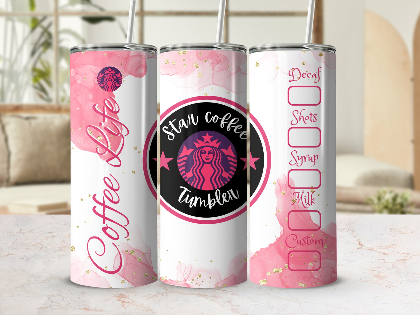 Star Coffee Tumbler with Decorative Text Design