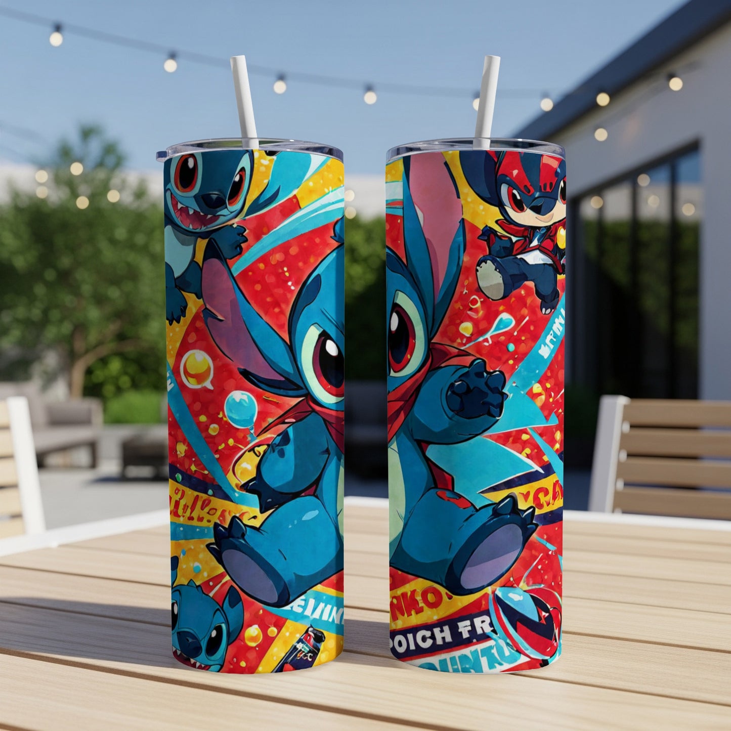 Two Stitch-themed tumblers with cartoon characters and colorful abstract designs.