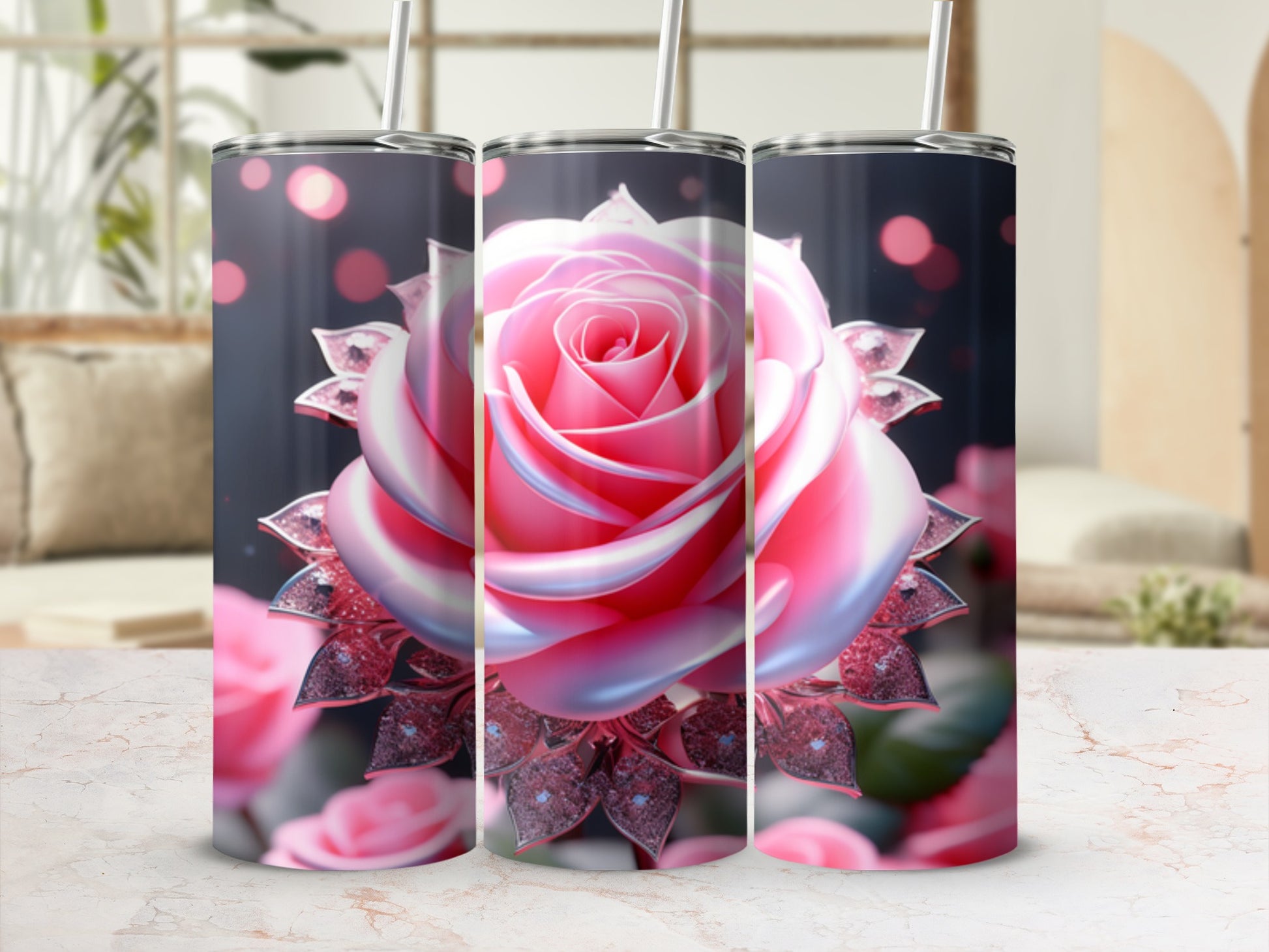 Three tumblers with a pink rose and glittering details against a blurred background.