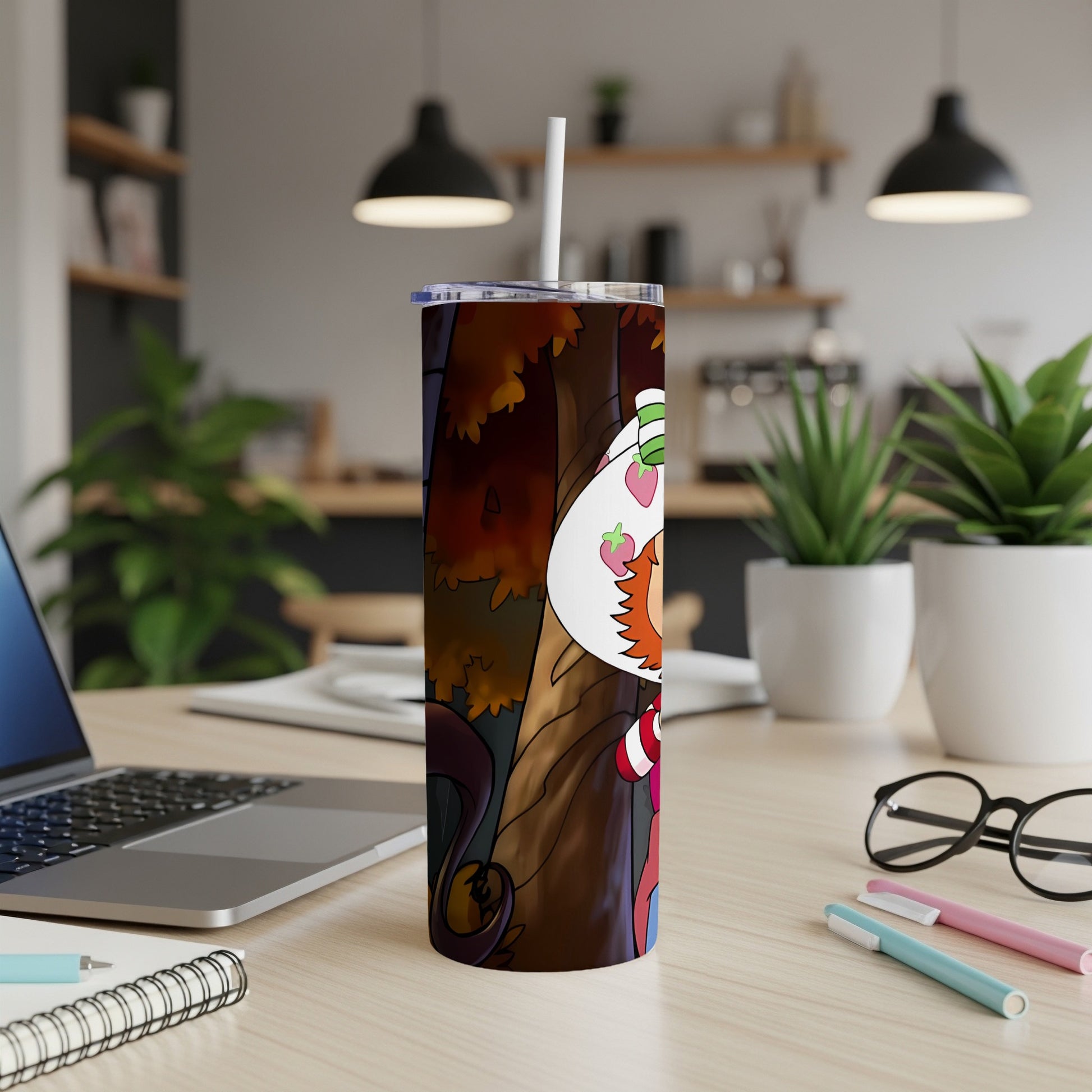 Cartoon character with red hair and green hat on a tumbler.