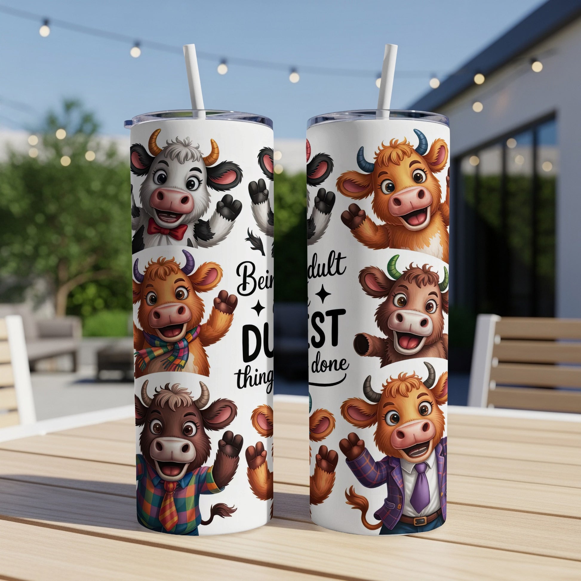 Two cartoon cows in suits and scarves on tumblers with text "Being adult is dung done".
