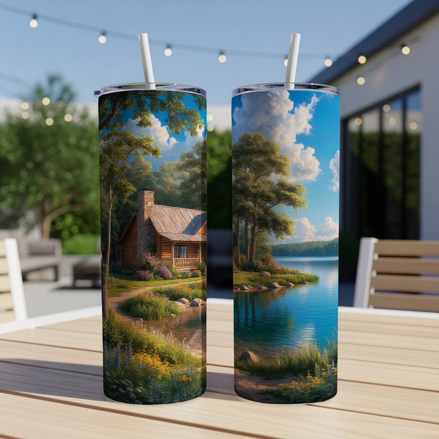 Rustic cabin by lake on skinny tumbler with straw.