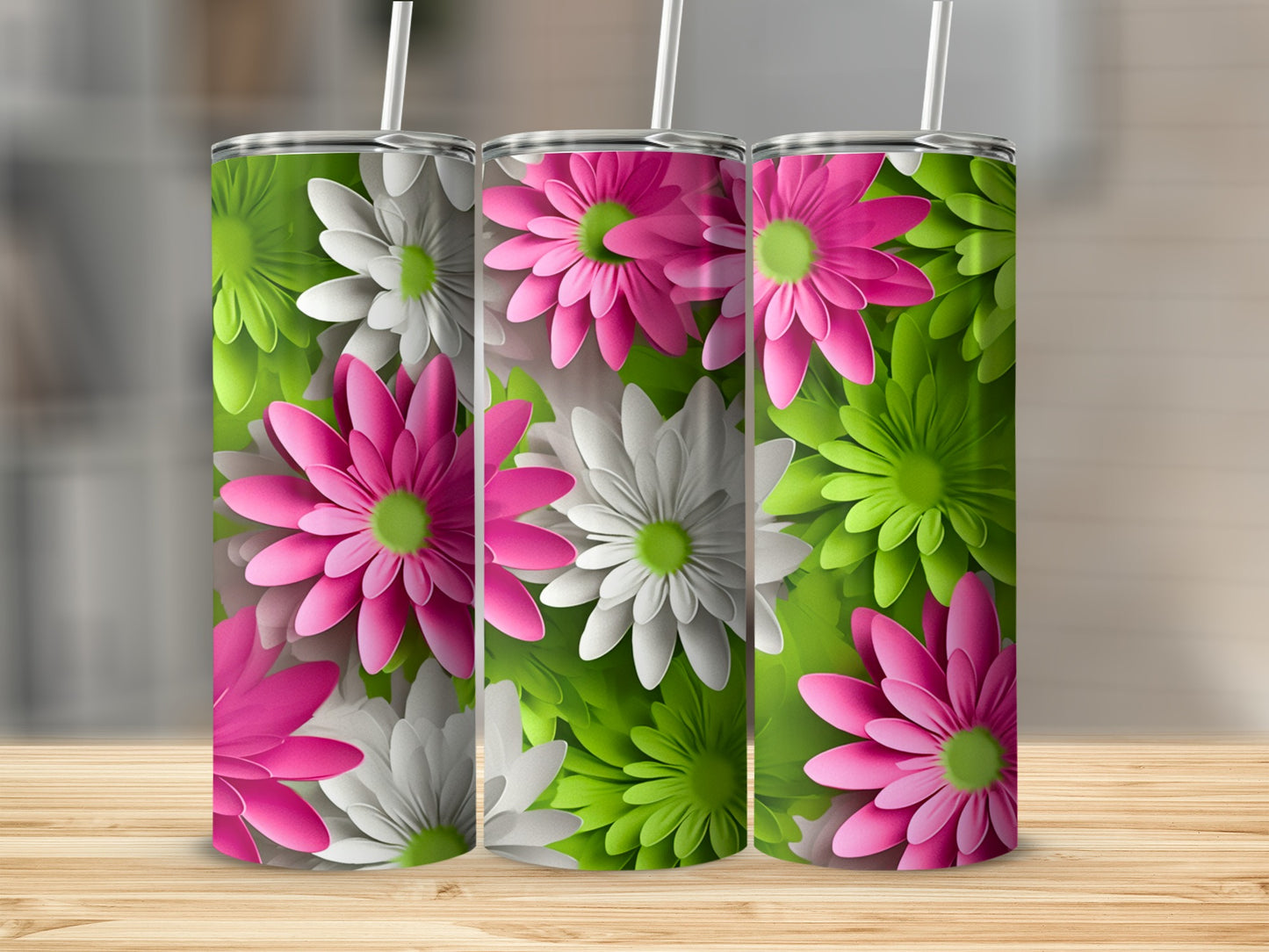 Vibrant Pink and Green Floral Pattern Tumbler Product