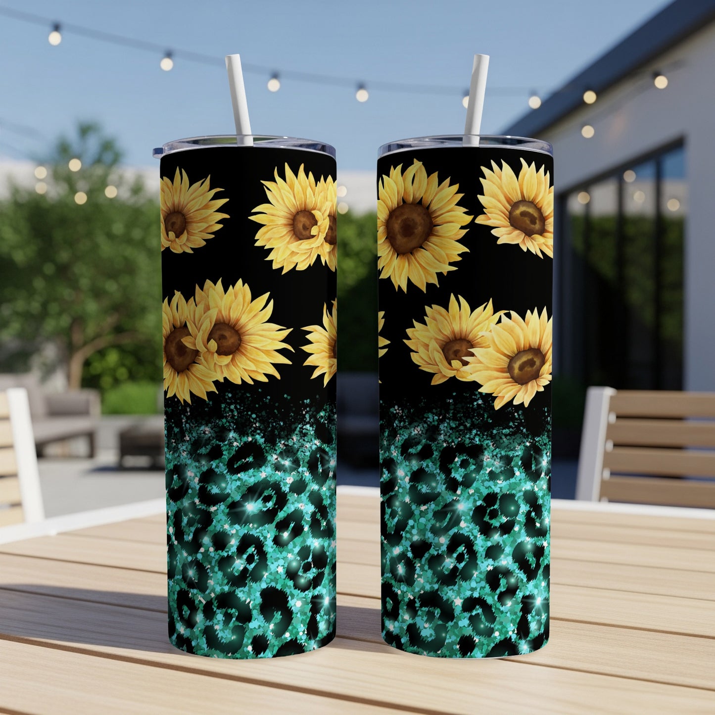 Two tumblers with sunflowers and teal leopard print pattern.