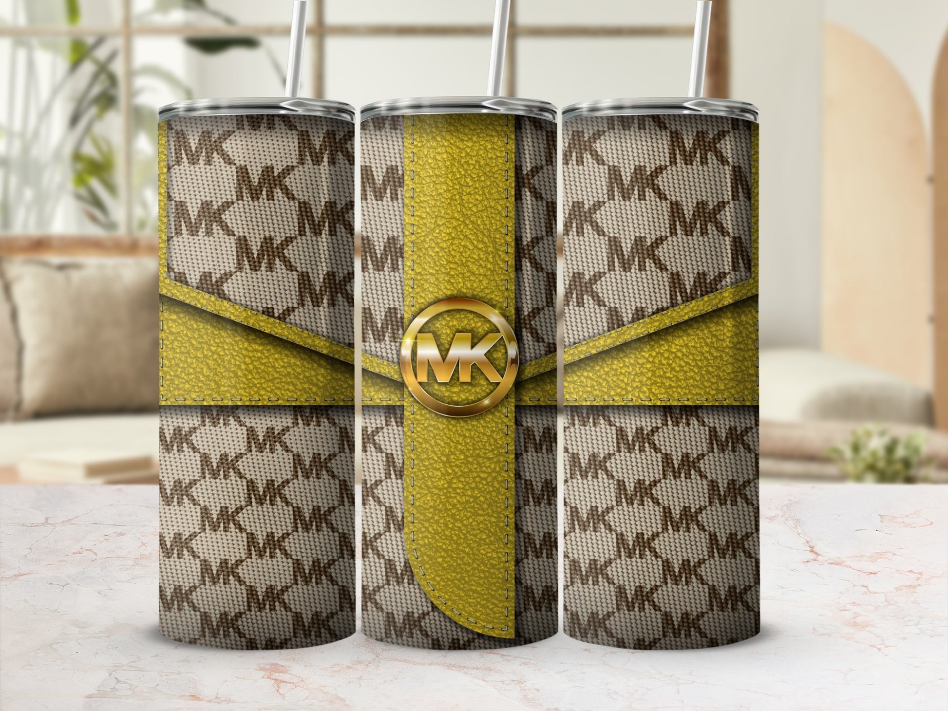 Stylish Patterned Yellow and Brown MK Tumbler Cup