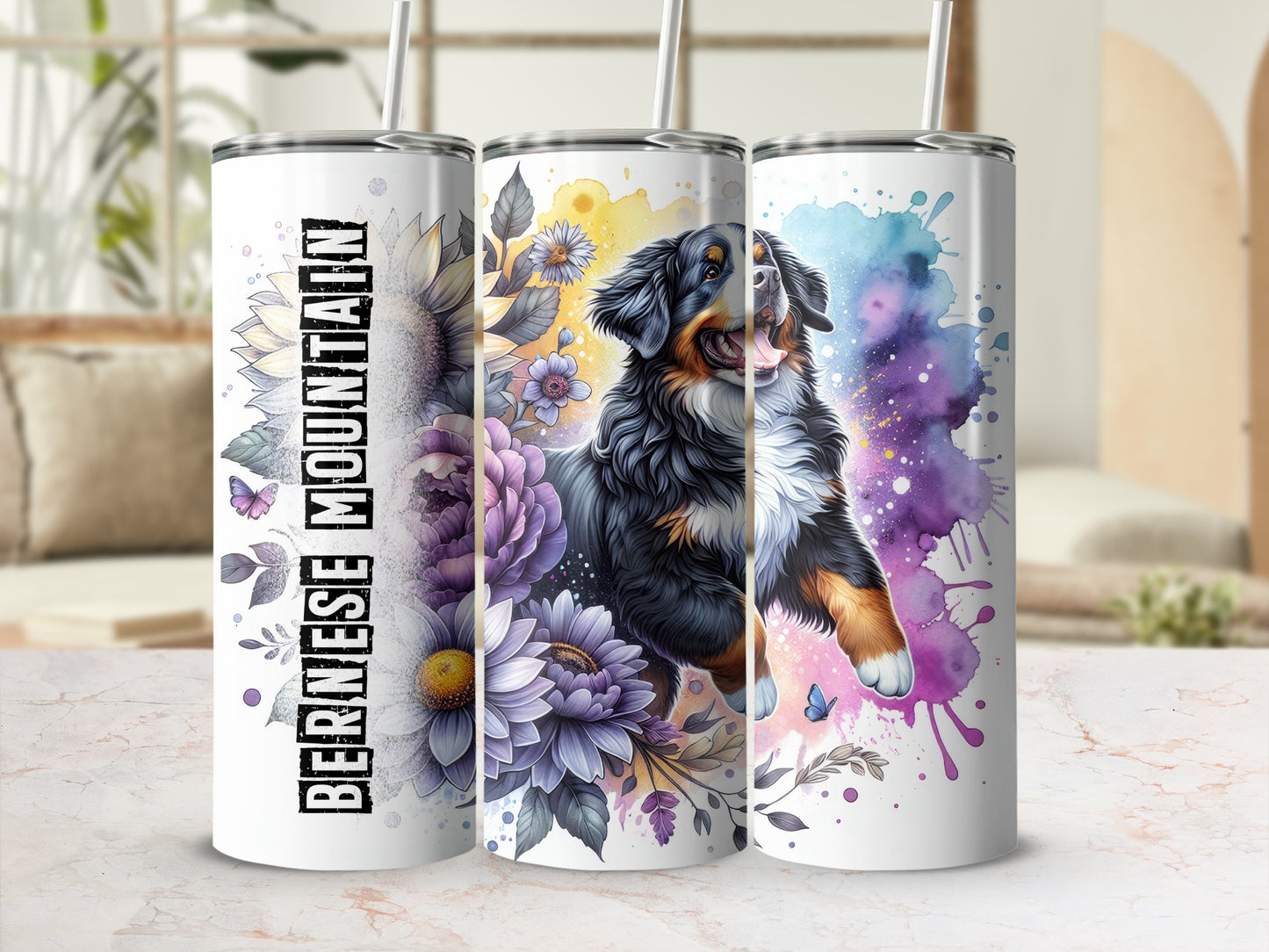 Bernese Mountain Dog with sunflowers and floral watercolor design on a white tumbler.