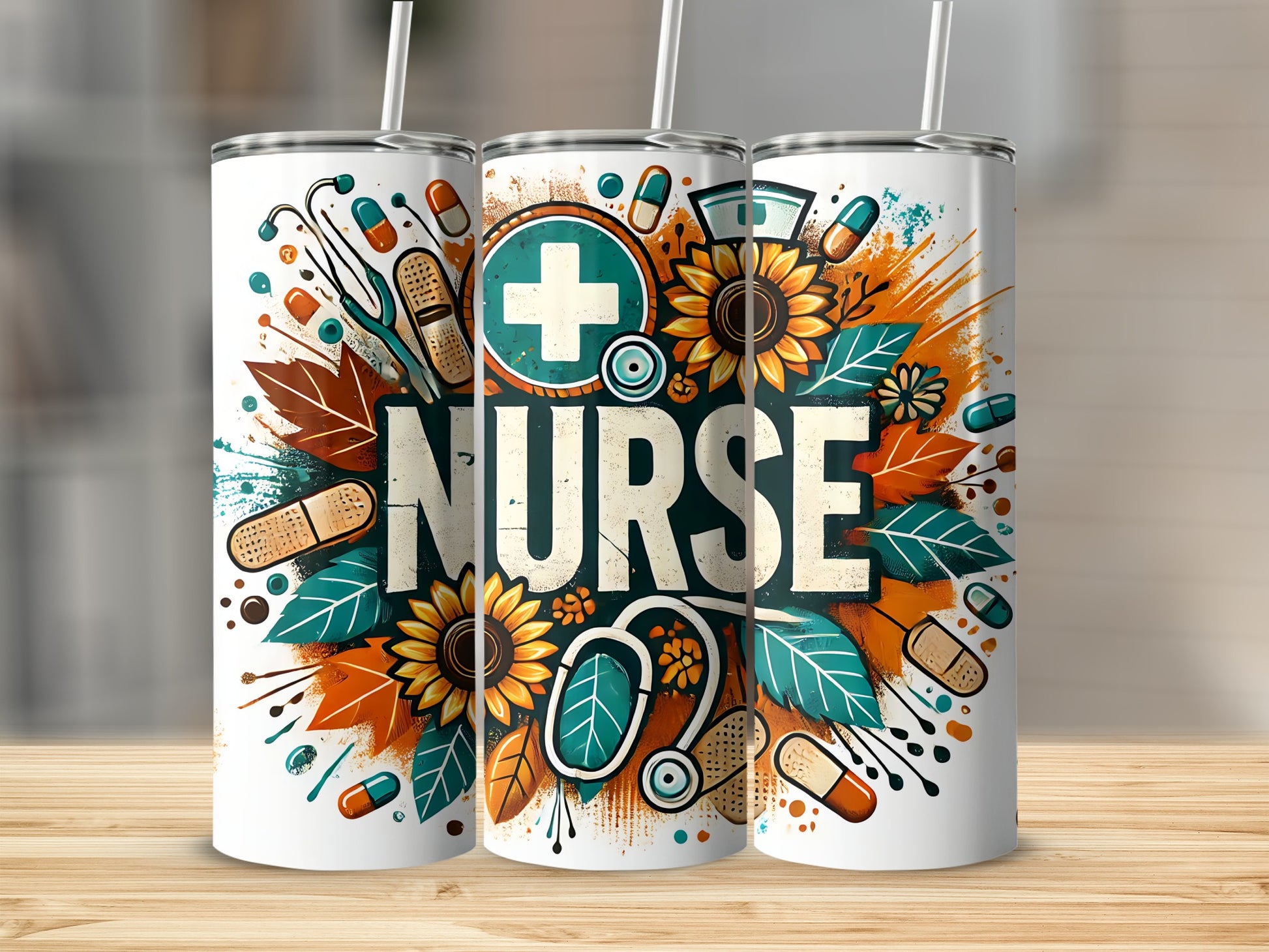 Nurse tumbler with medical icons and sunflowers on a wooden surface.