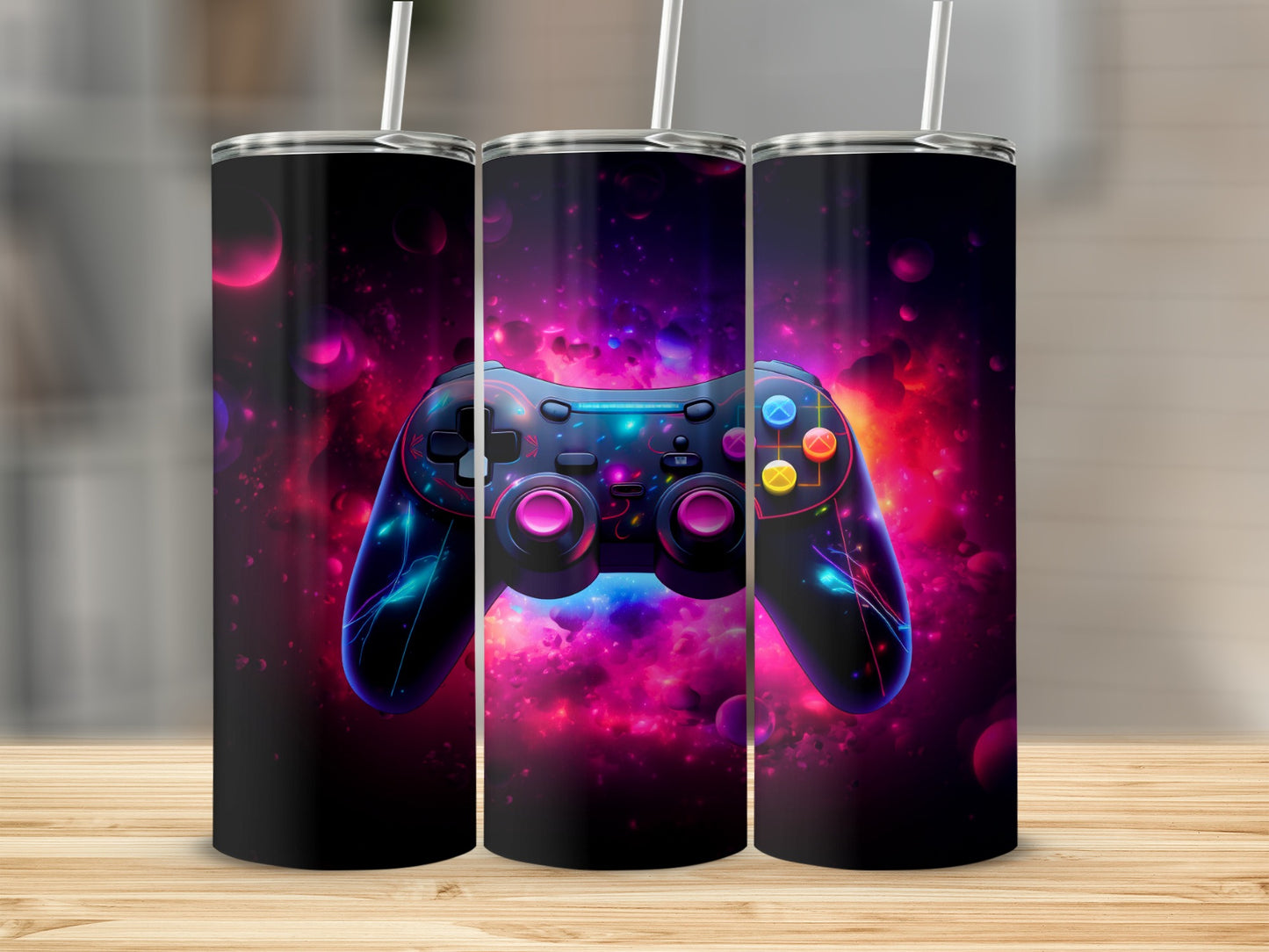 Vibrant Gaming Controller Tumbler with Colorful Background