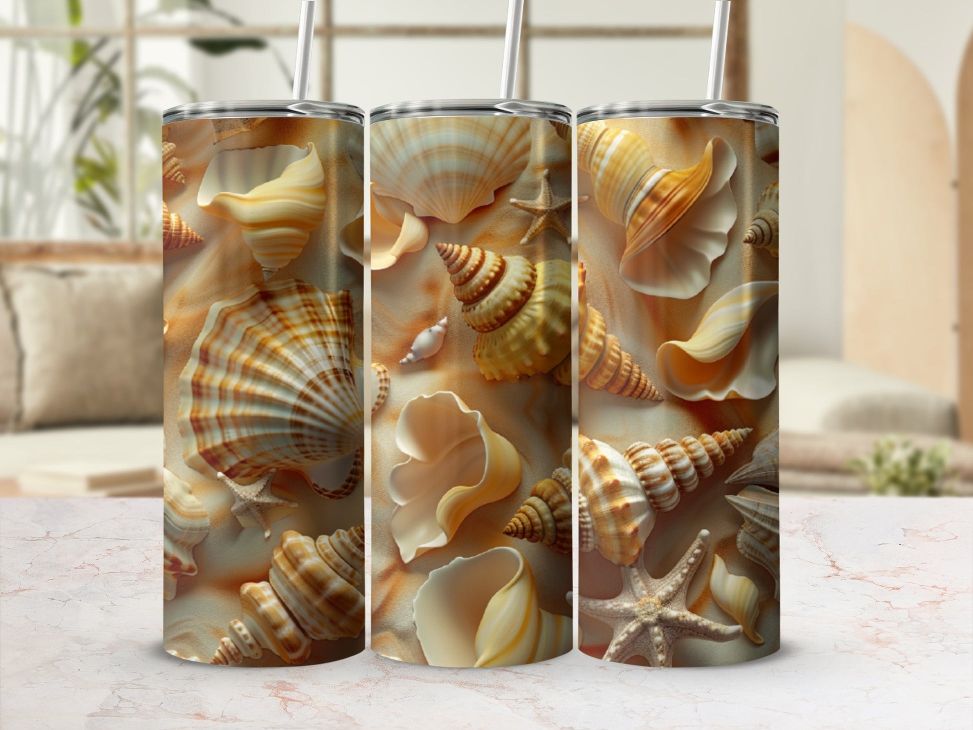 Tumbler featuring a seashell and starfish pattern on a textured background.