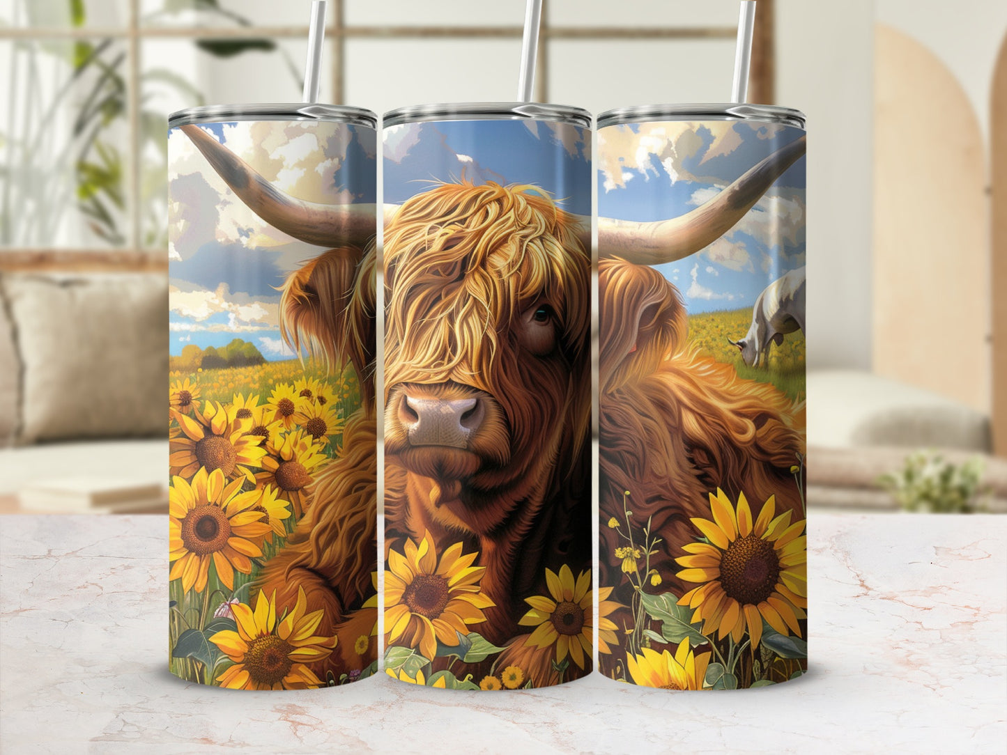 Highland cow and sunflowers on a tumbler.
