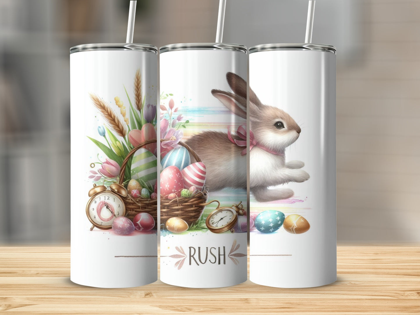 Easter bunny with basket of painted eggs, flowers, and clock.
