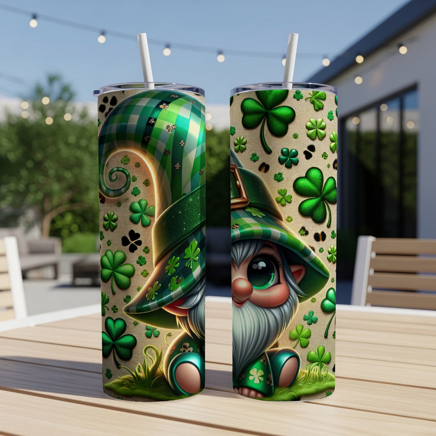 St. Patrick's Day gnome with shamrocks on green plaid tumbler.