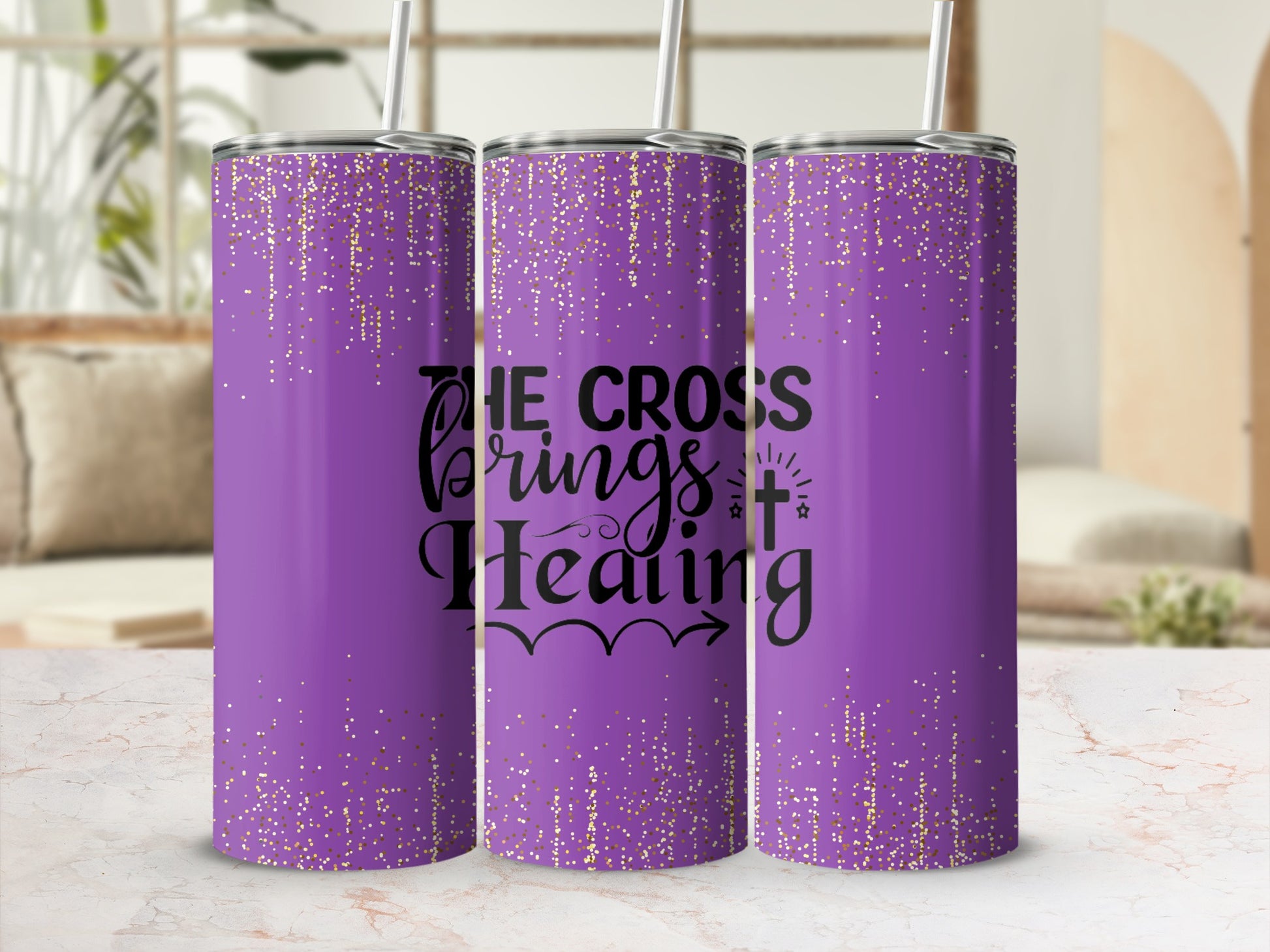 The Cross Brings Healing Purple Glitter Tumbler