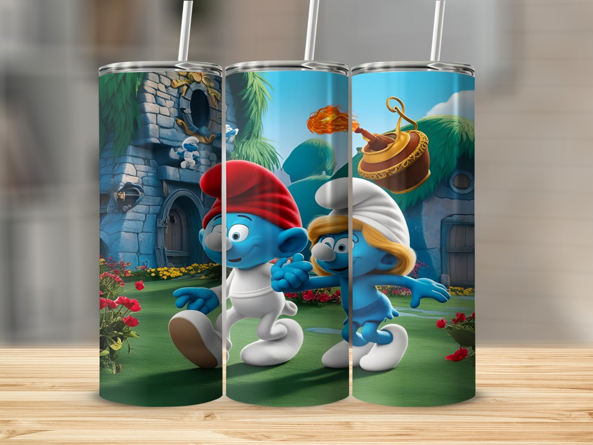 Smurf couple walking with a mushroom house and flowers background.