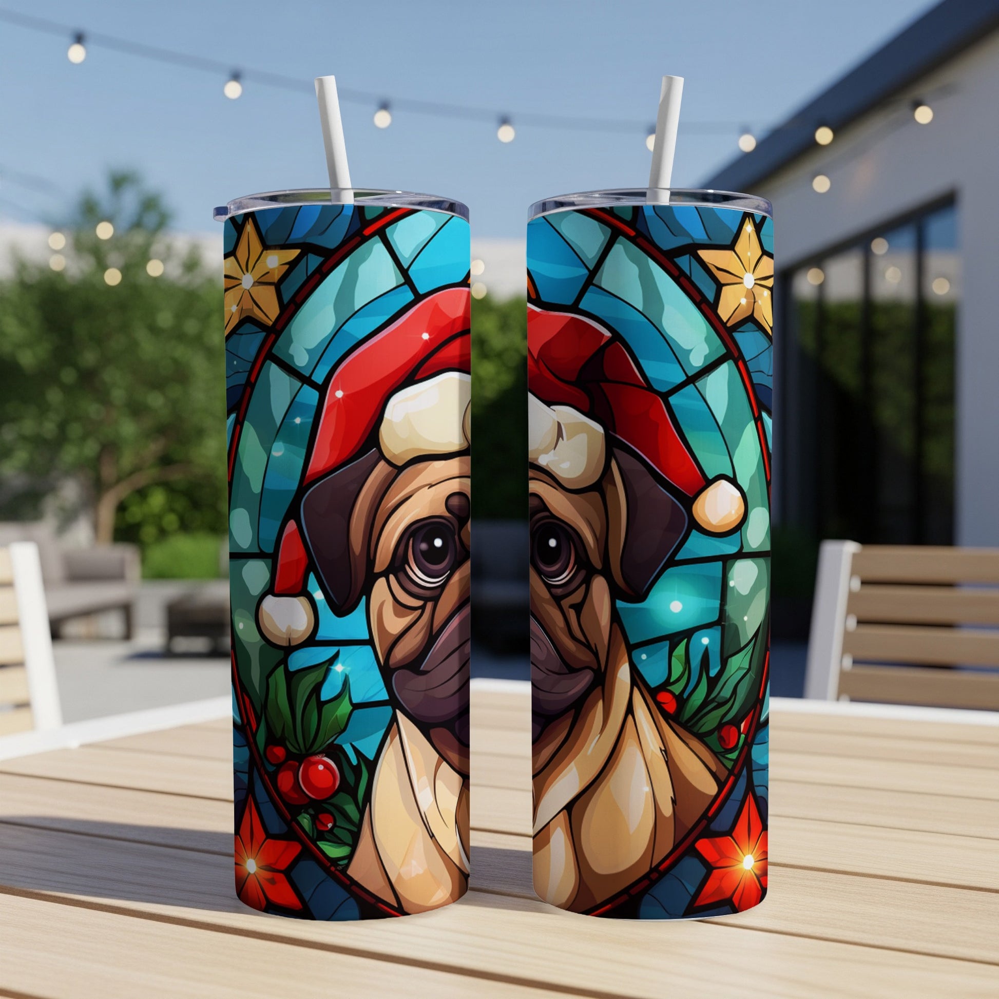 Two tumblers with stained-glass pug wearing Santa hat and holly.